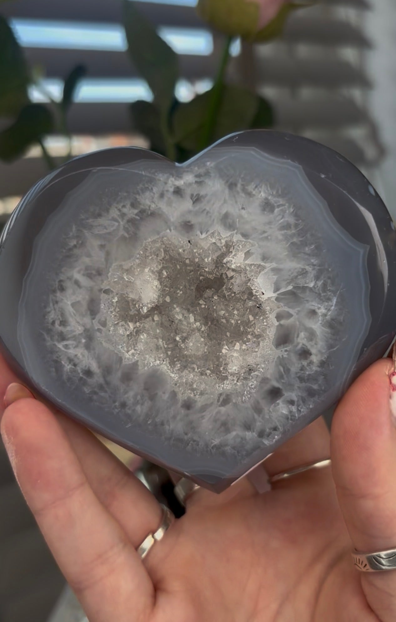 Beautiful, blue agate heart with druzy - stand included
