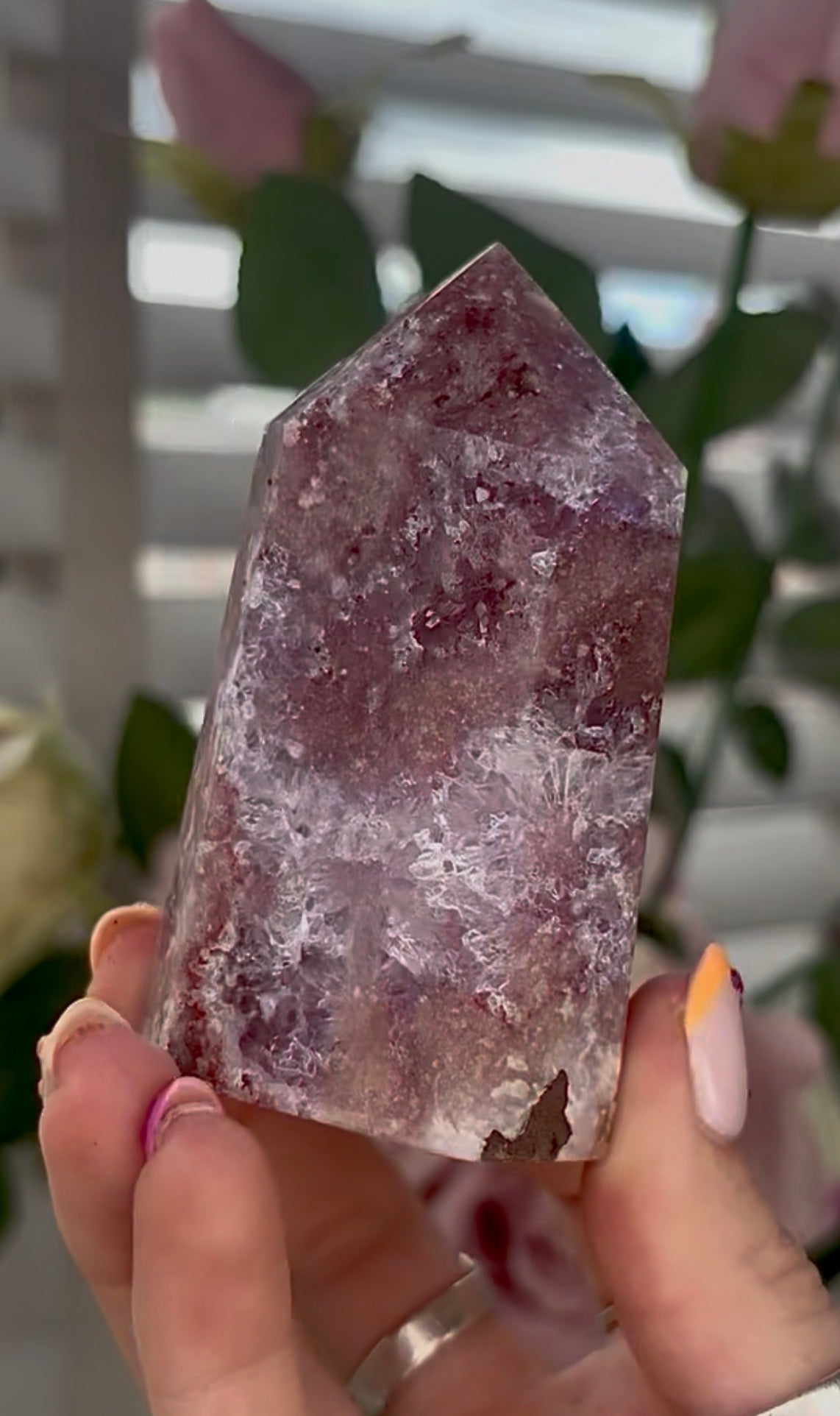 Pretty, high quality, Pink amethyst tower, with lilac quartz druzy