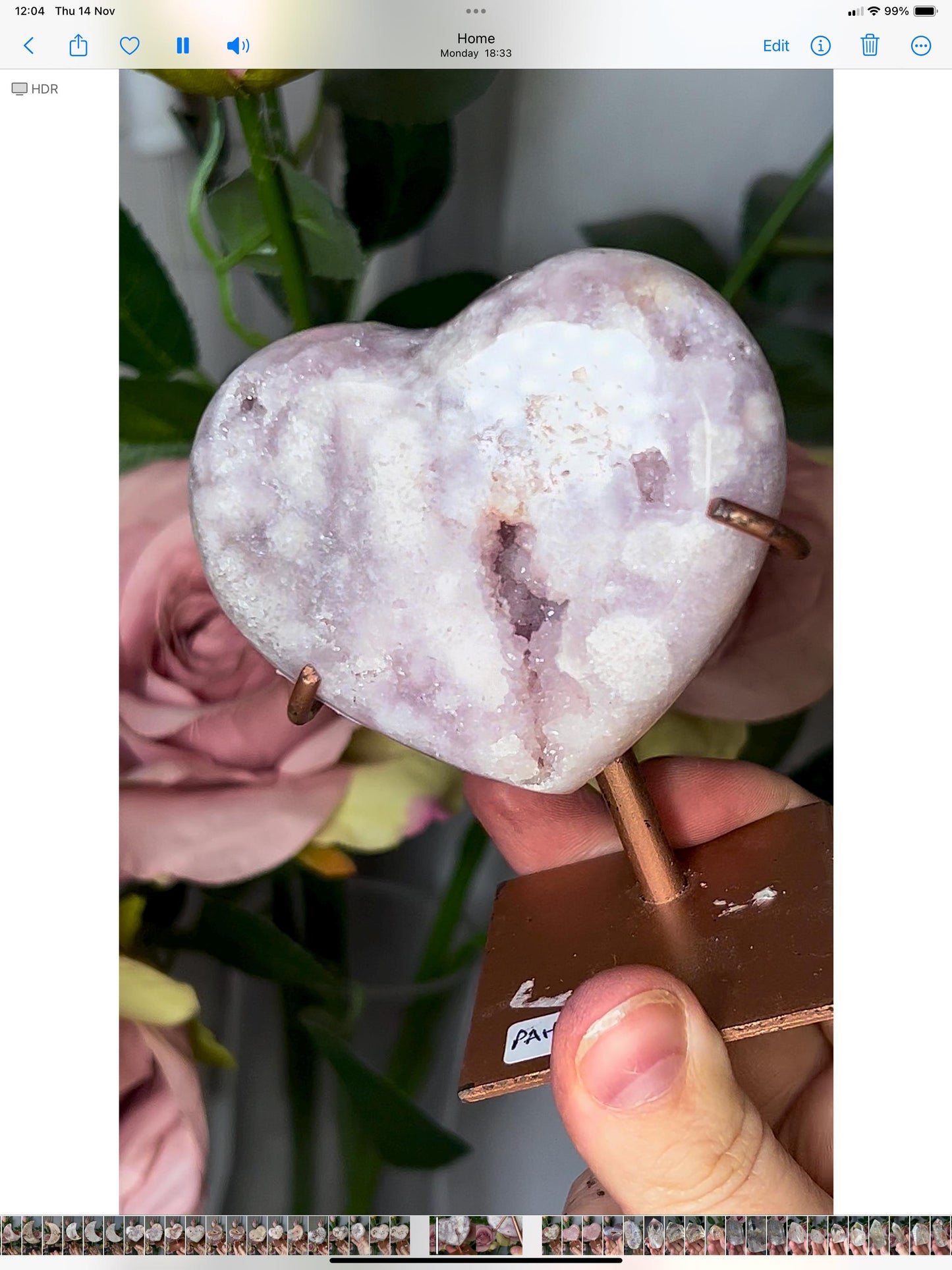 Beautiful, lilac, pink amethyst heart in with sugar druze, on stand which has scratches but can be repainted easily