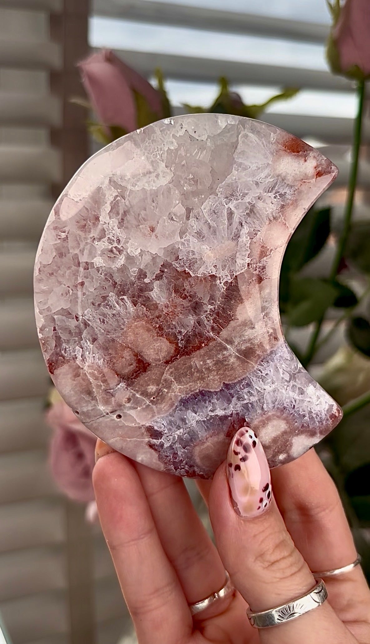 High grade, amethyst Flower agate moon with high clarity quartz