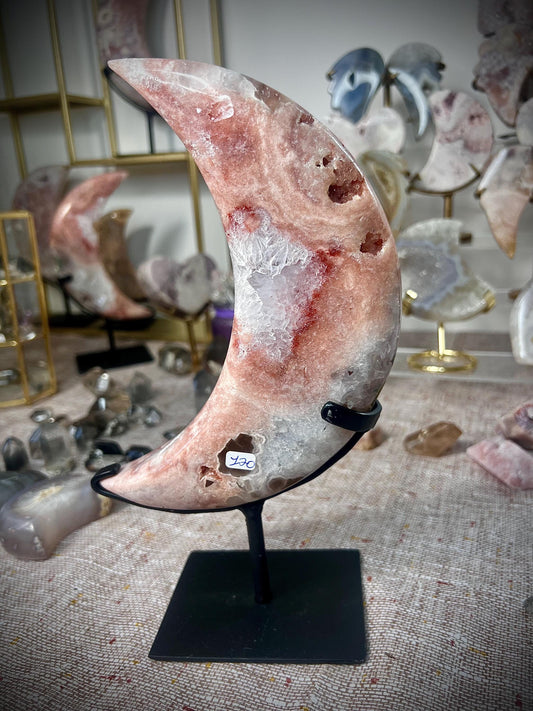 High grade, pink amethyst moon in pink, peach, red, & baby blue tones with gorgeous quartz