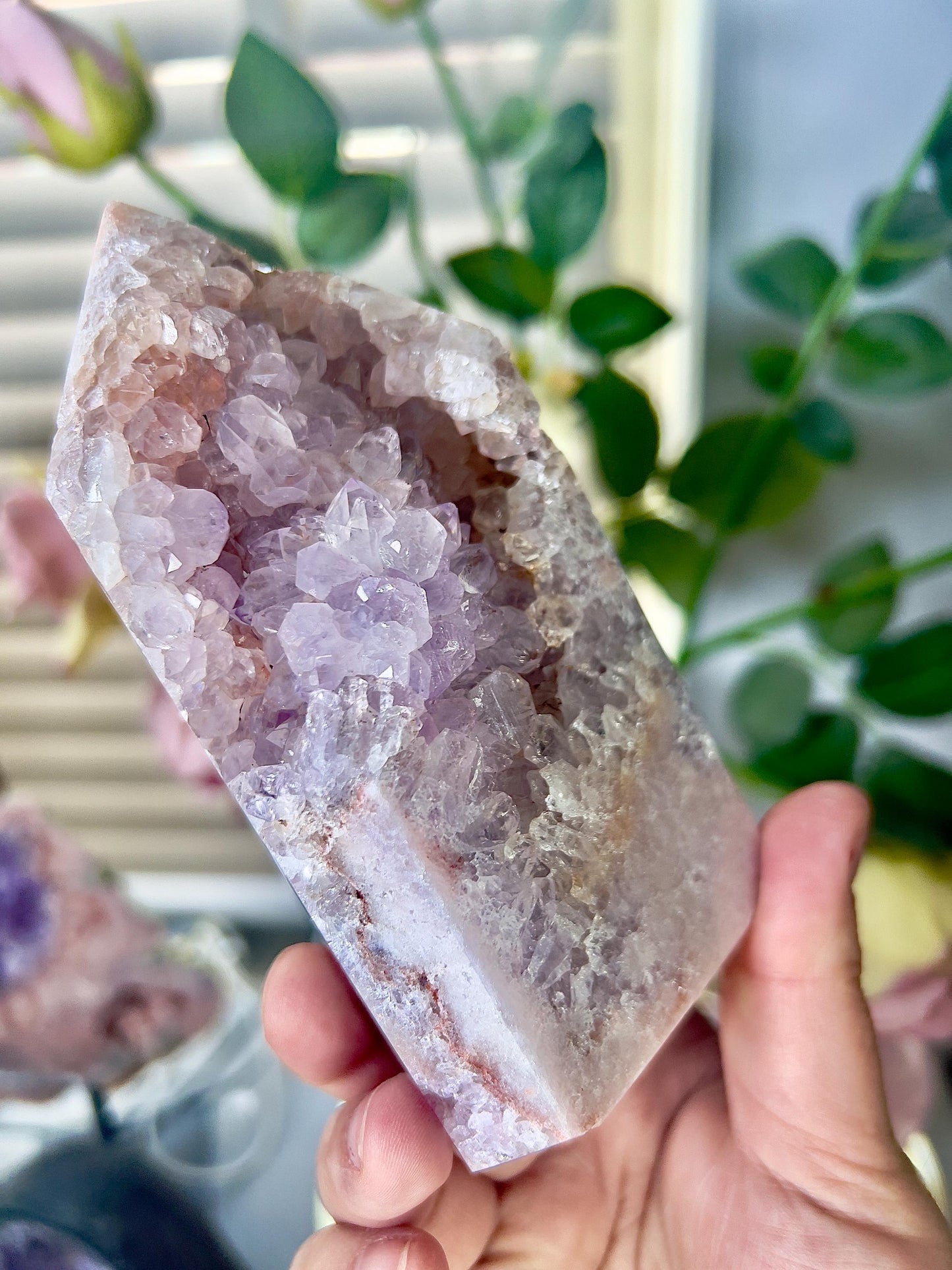pink amethyst, Chonky with quartz druzy tower 640g
