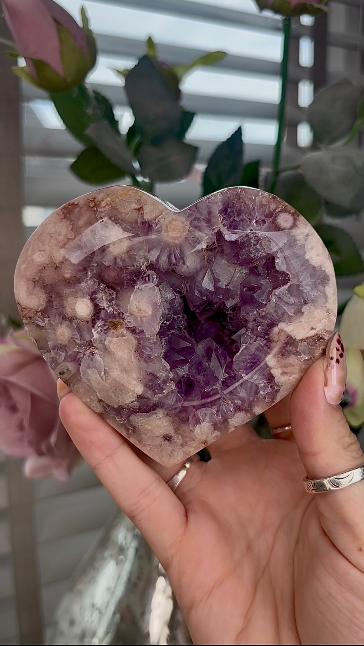 High grade, Amethyst Flower agate heart with stand