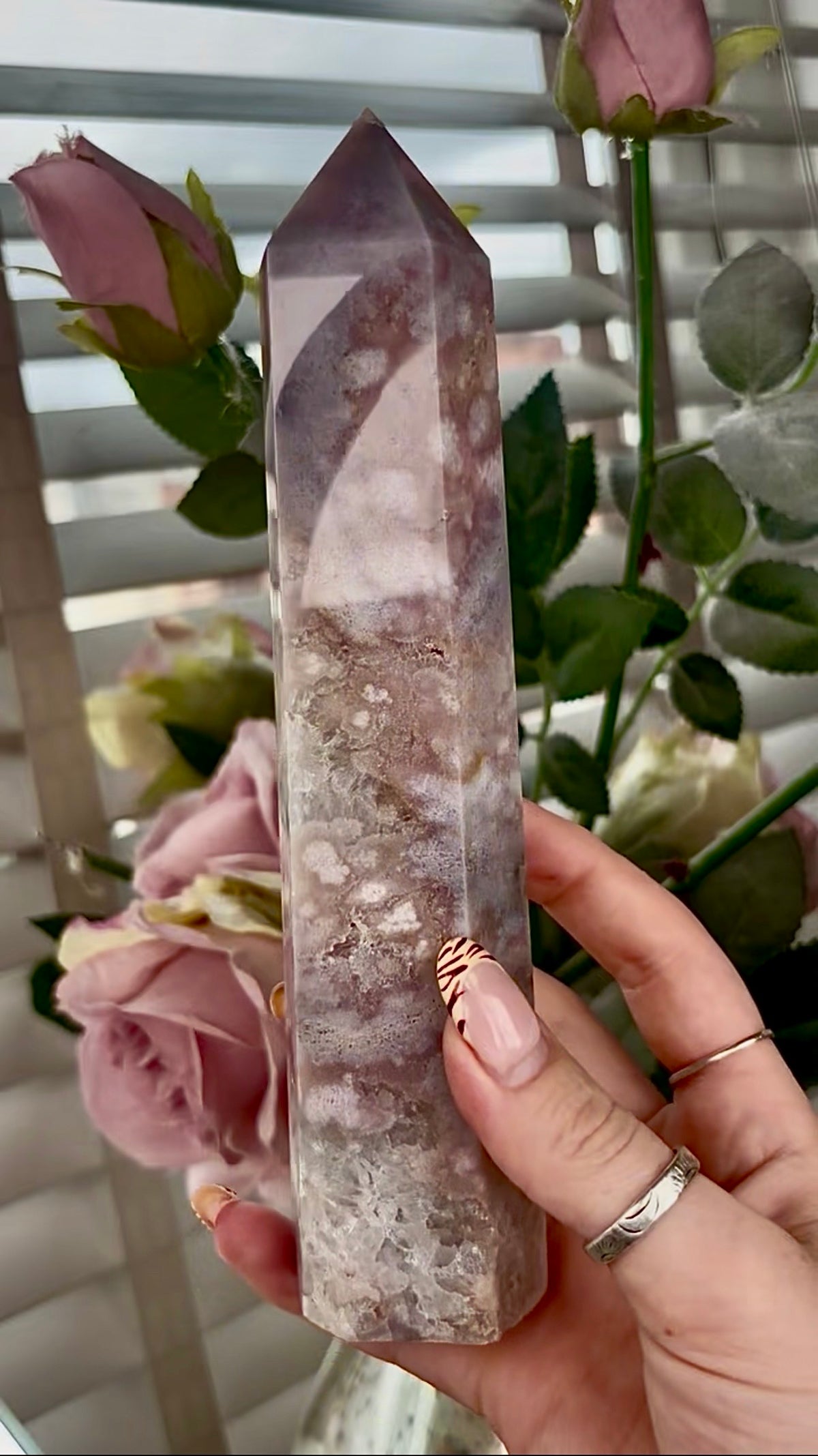 Stunning!! Super high quality, Druzy, green chlorite x blue flower agate tower