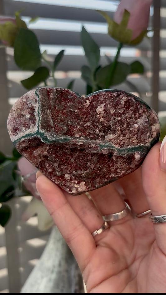 Gorgeous, high quality, pink amethyst heart with Jasper - comes with stand