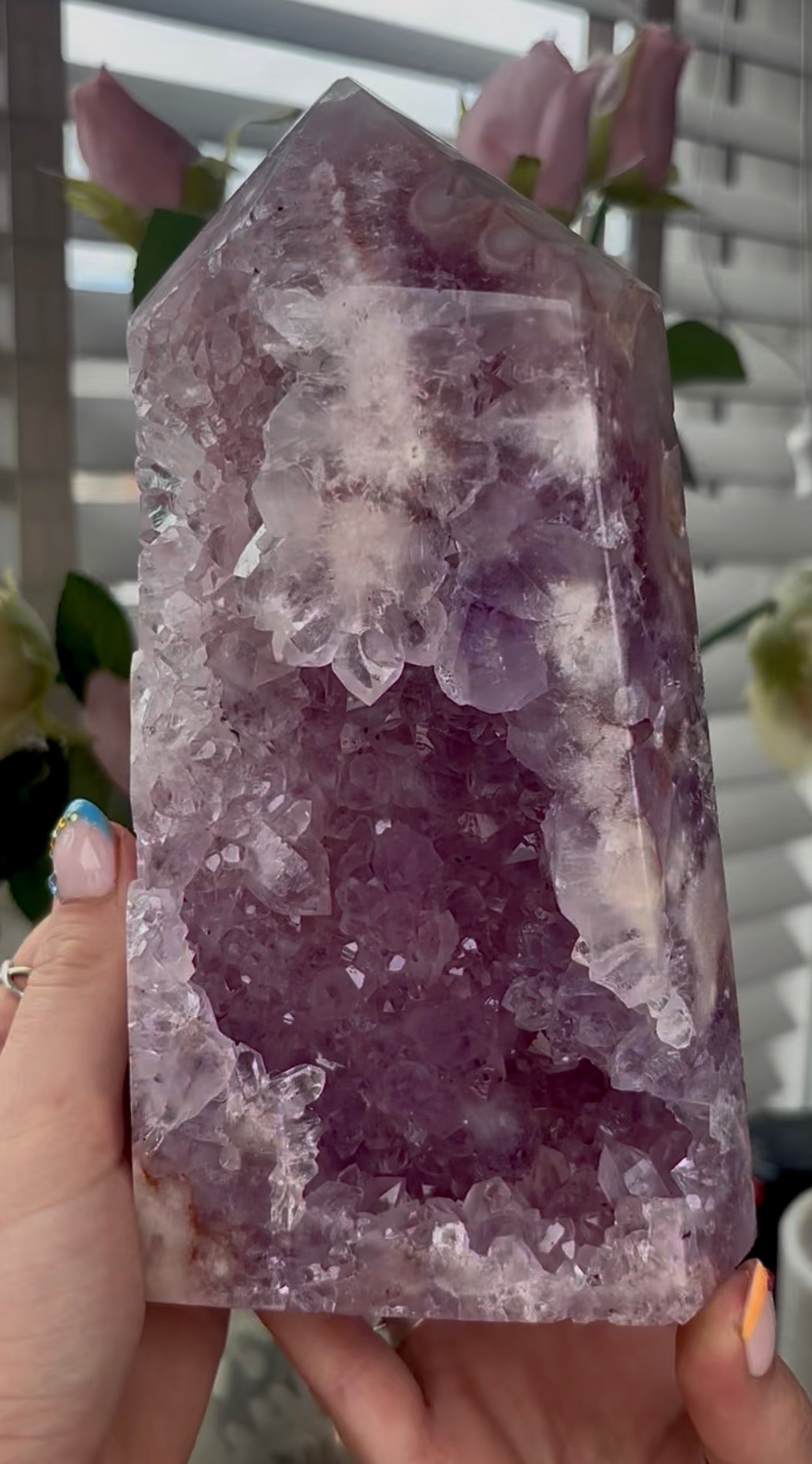 Beautiful, large, high quality, Pink amethyst tower with lilac tone quartz 20.5cm by 11cm