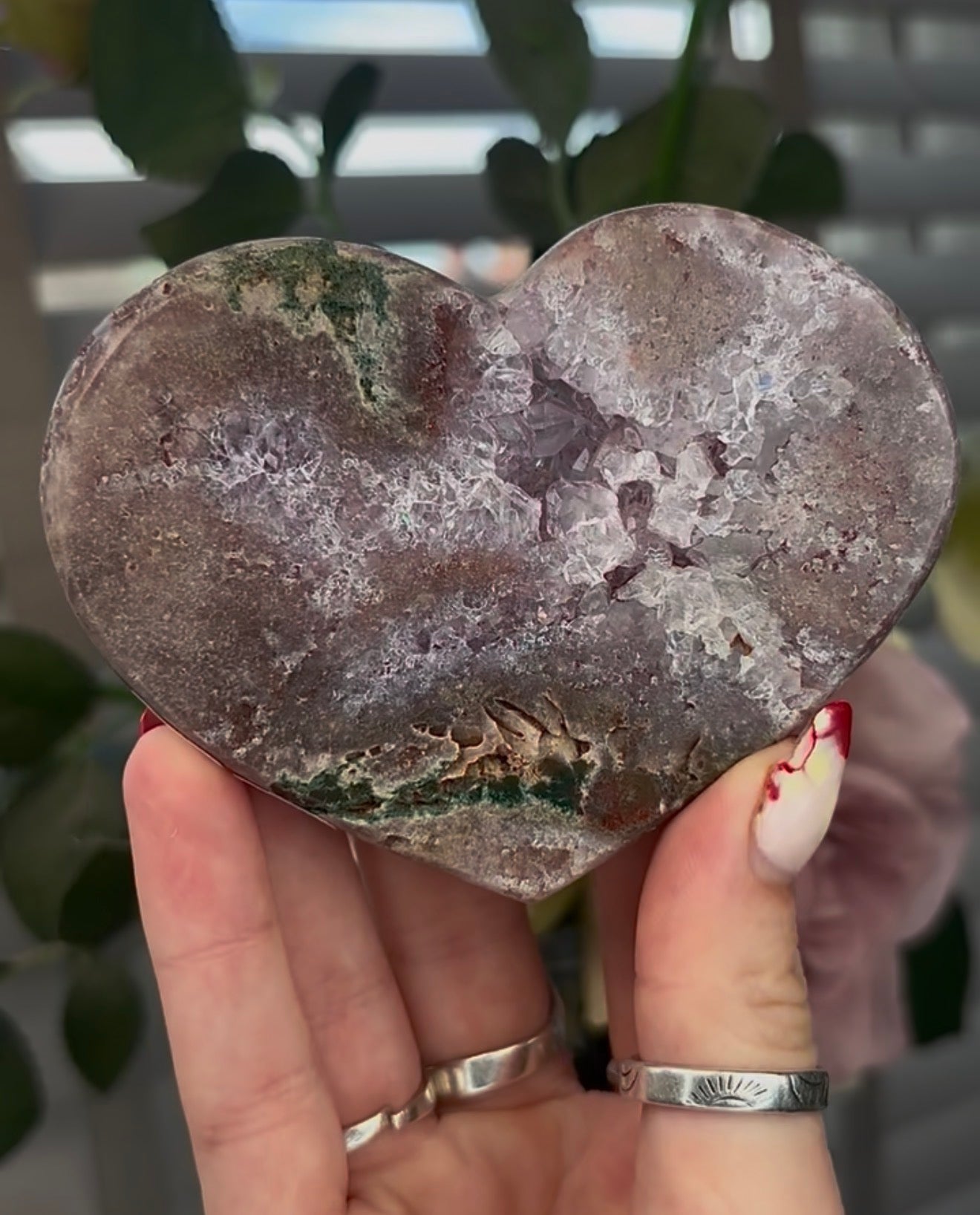 pink amethyst heart with Jasper and quartz - comes with stand (10cm)