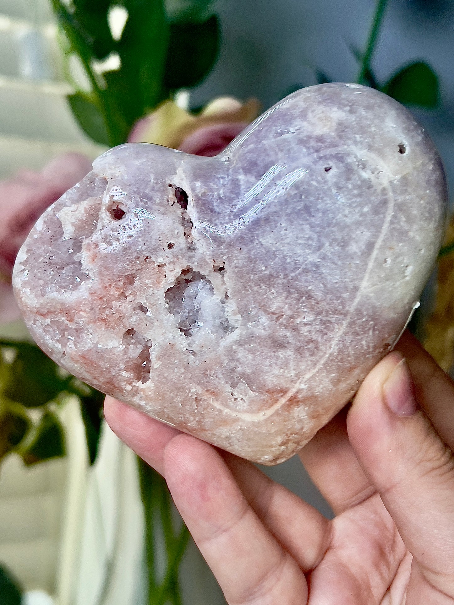 Chunky, druzy, pink amethyst heart - comes with stand