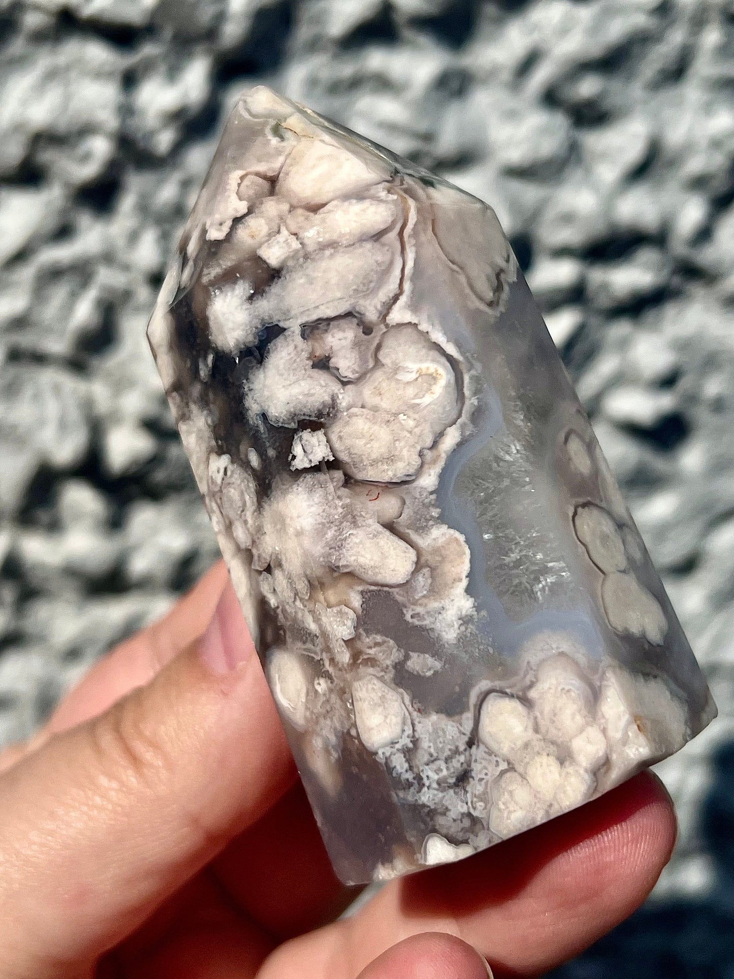 Black & pink flower agate tower - half price due to damaged tip