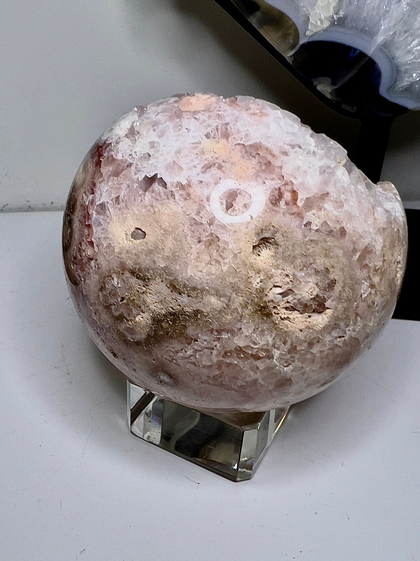 Amethyst x bright pink flower agate “open mouthed druzy” sphere 395g 7cm