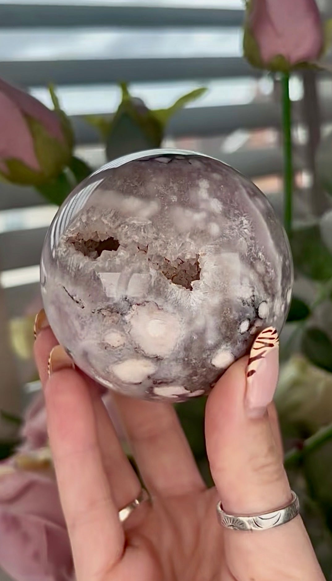 Stunning!! Super high quality, Druzy, green chlorite x blue flower agate sphere