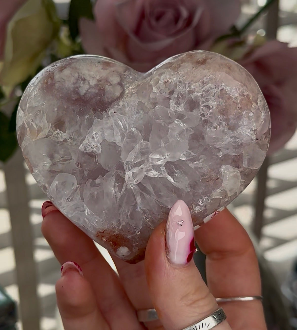 Hq pink amethyst heart with quartz - comes with stand