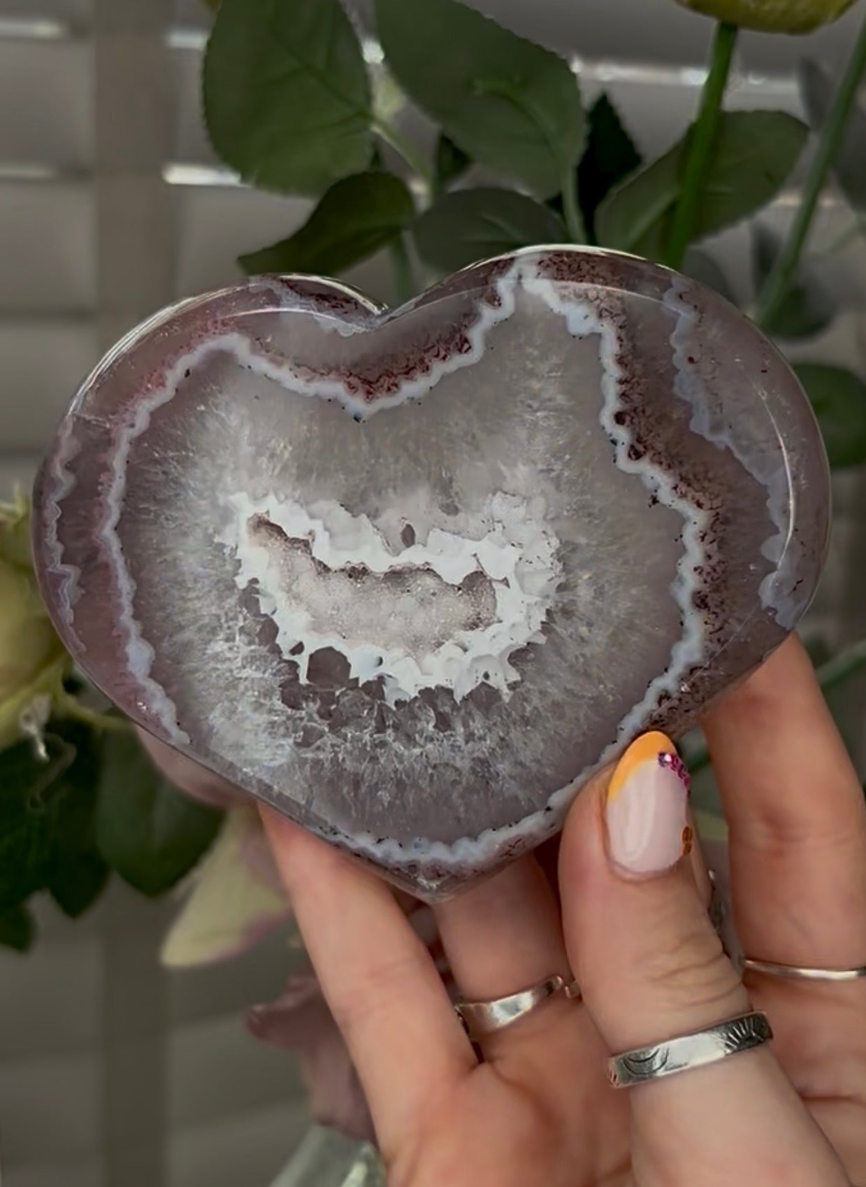 Beautiful, high grade, agate heart with druzy - comes with stand