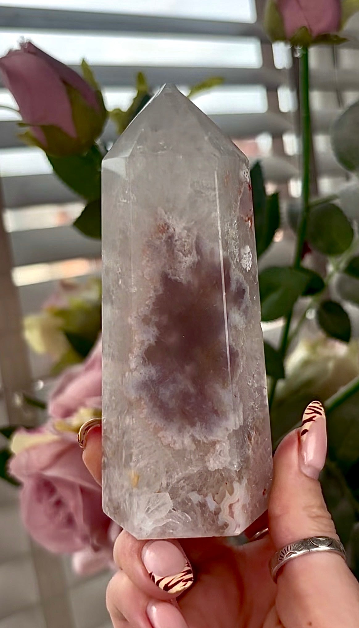 Stunning!! Super high quality, Druzy, green chlorite x blue flower agate tower