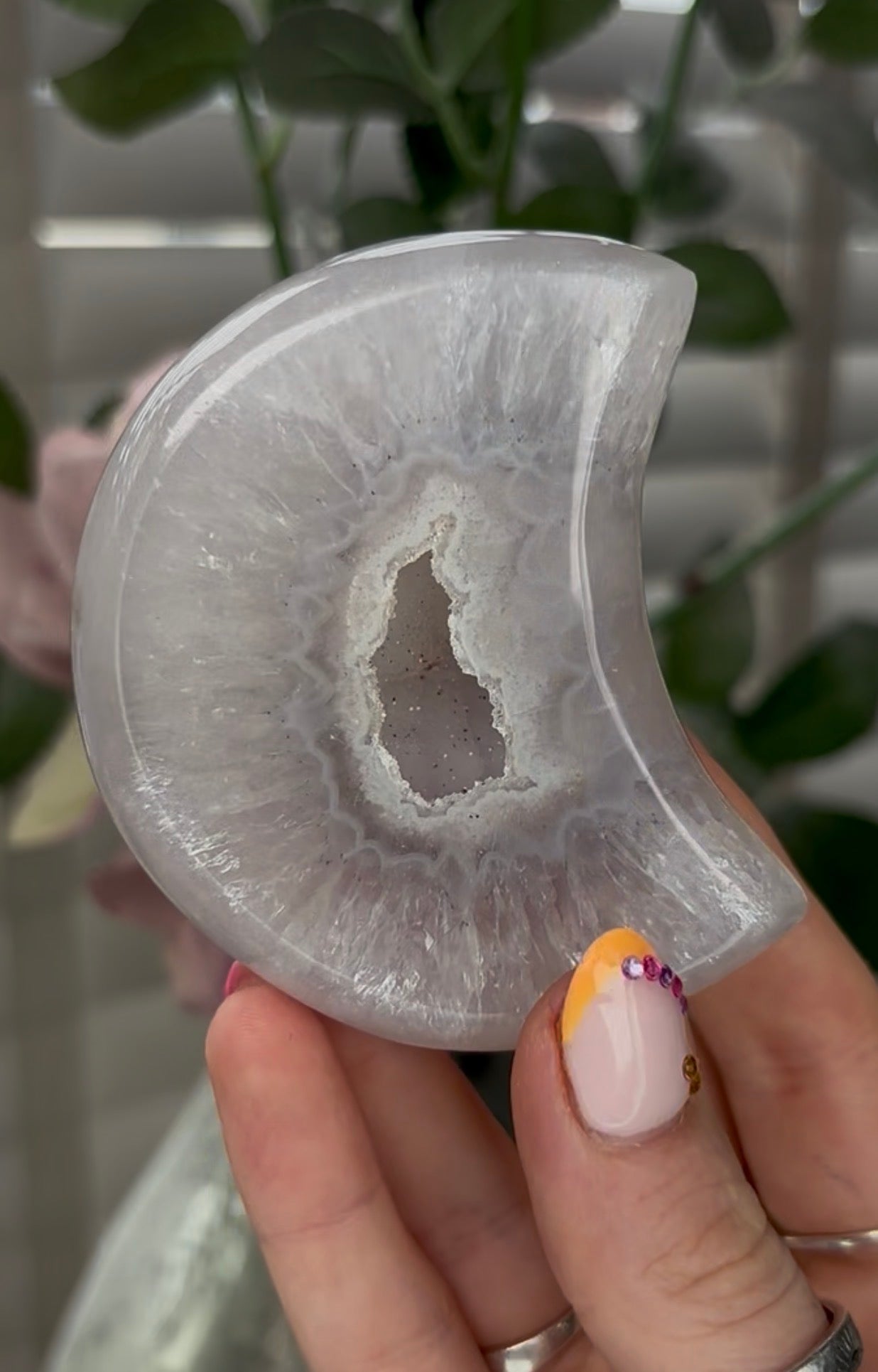 Beautiful, high grade, agate moon with druzy - comes with stand