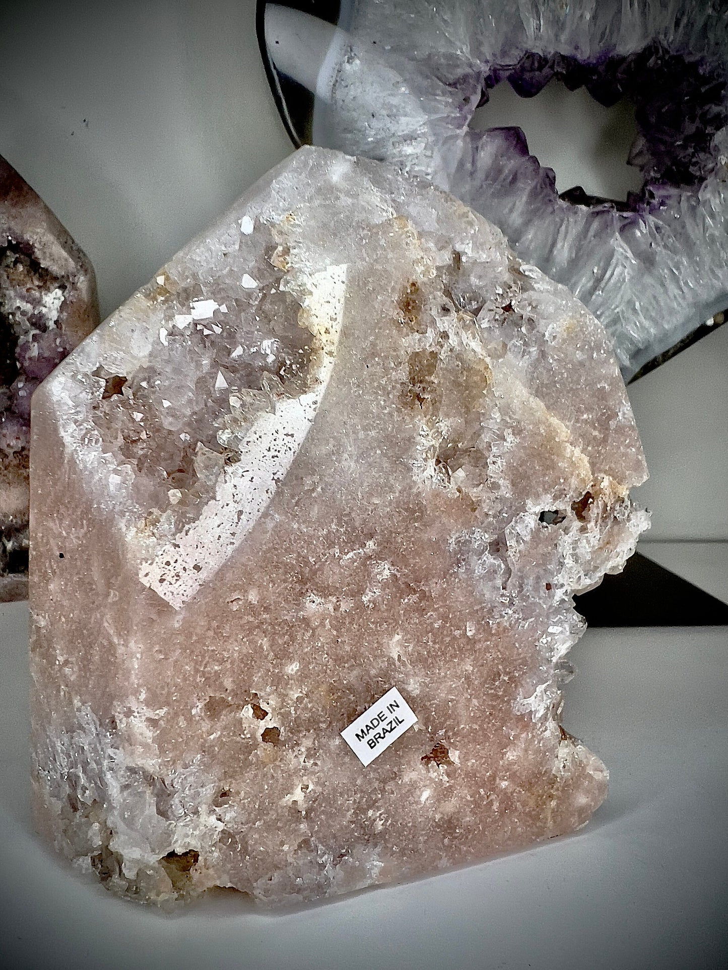 Pink amethyst point/tower from Brazil  with lots of druzy quartz 505g 11cm (h) 9.5 (w)