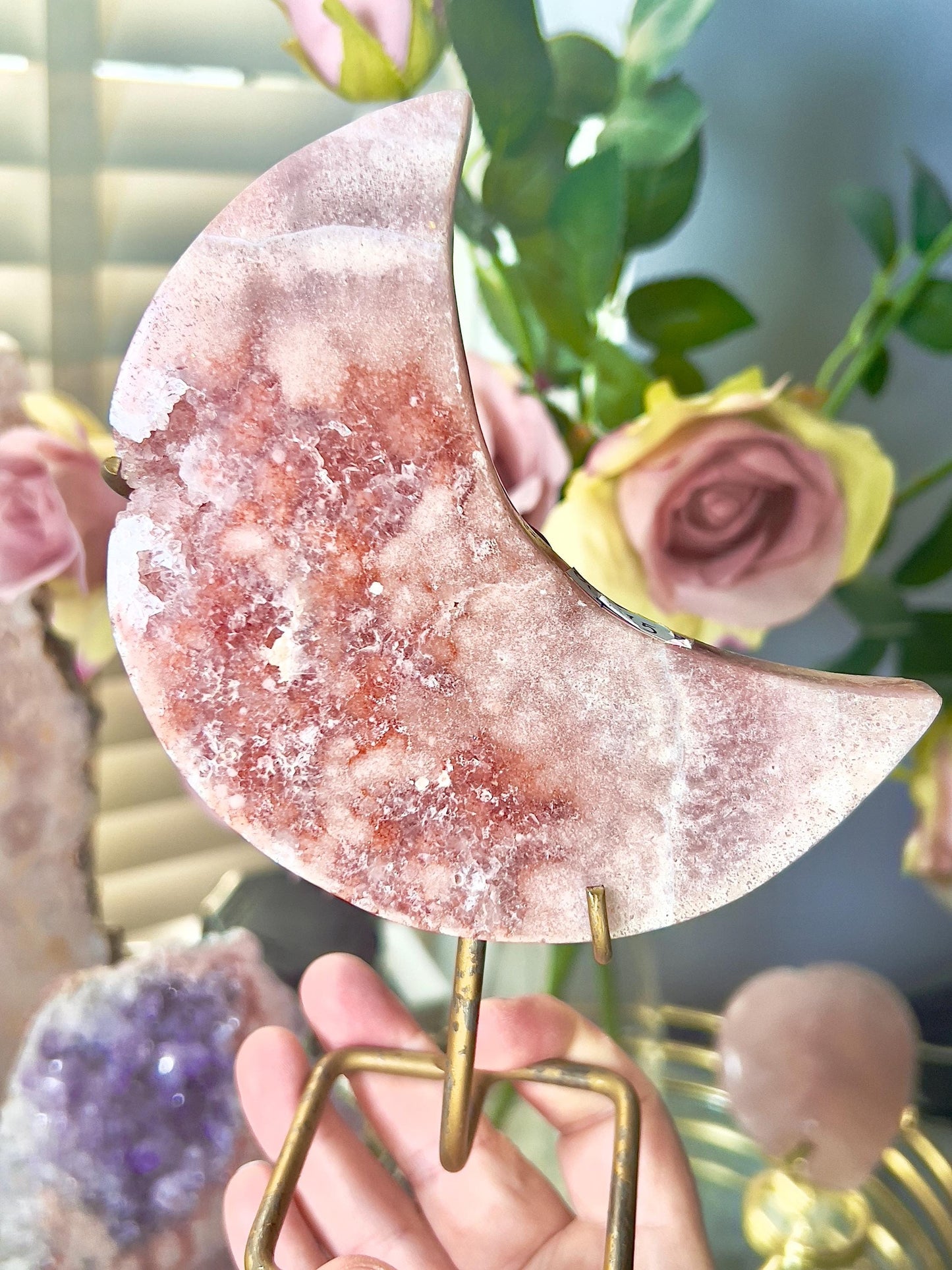 High grade, pink amethyst moon with red hematite, quartz druzy - stand is slightly scratched (see photos)