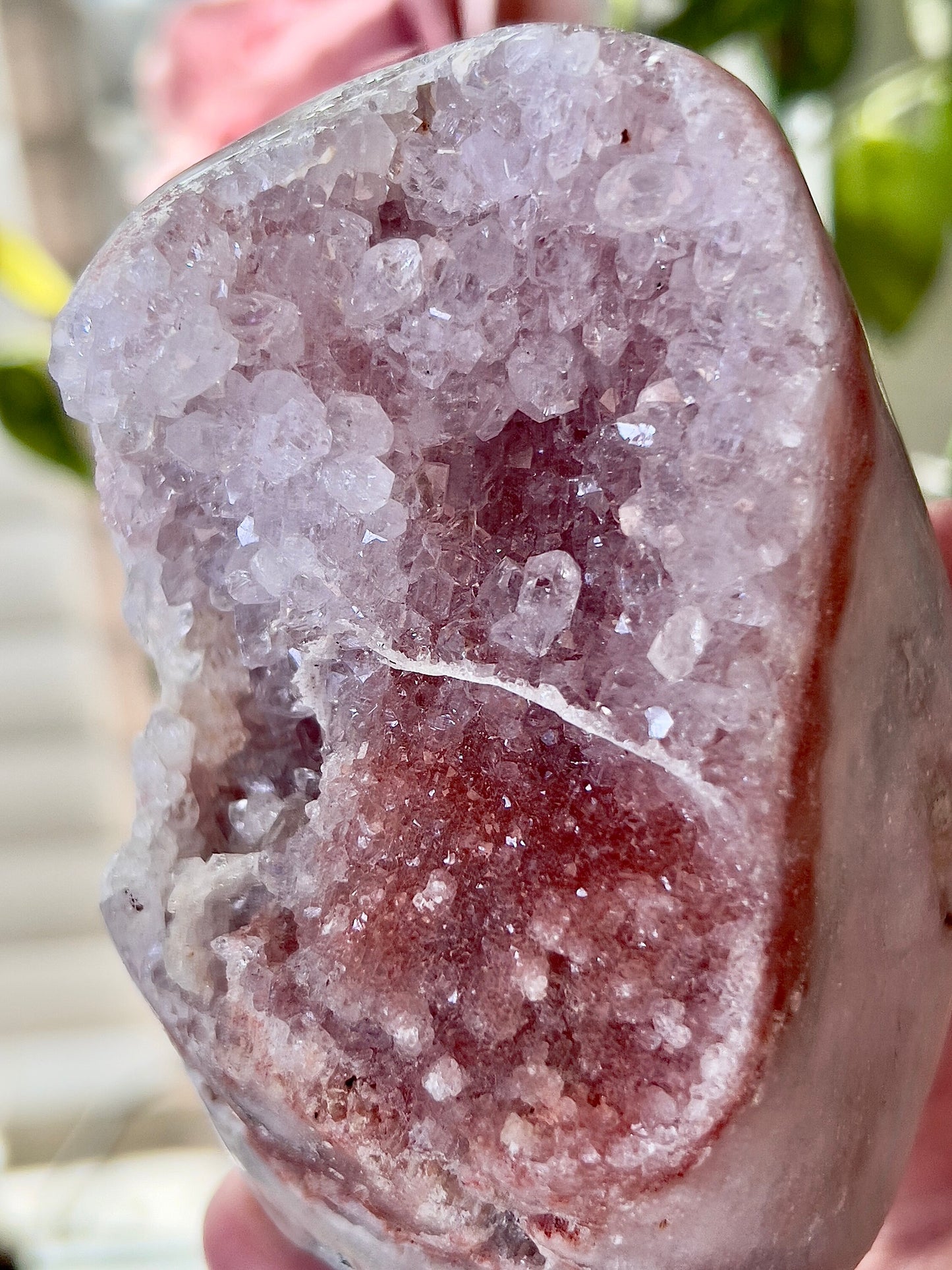 high grade, pink amethyst Freeform with high clarity quartz & red sugar druzy