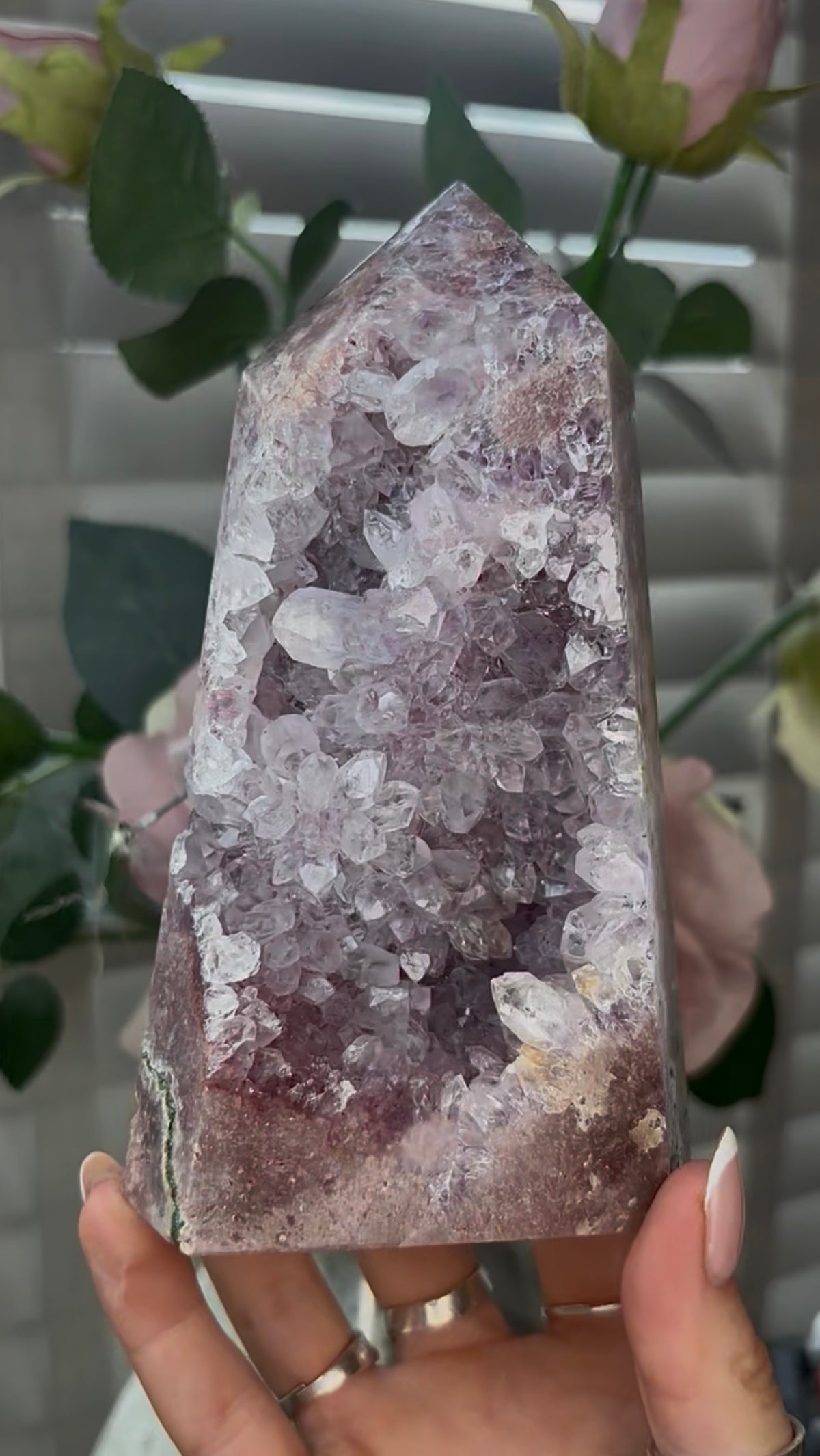 Beautiful, high quality, Pink amethyst tower with lilac quartz druzy teeth  14.7cm(h) by 8cm(w)