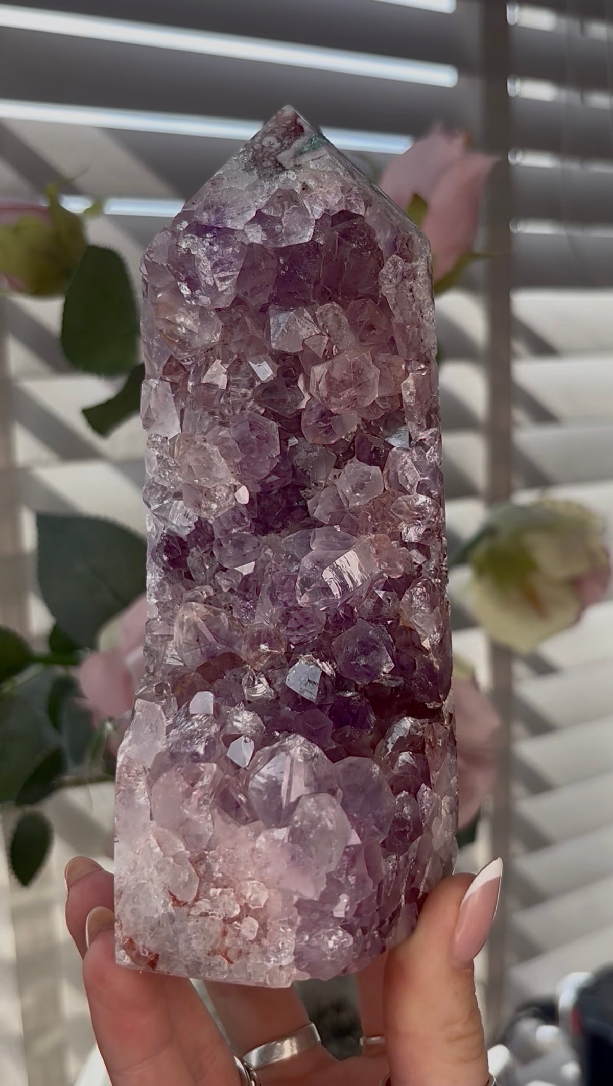 Beautiful, Pink amethyst tower with purple quartz teeth 17cm(h) by 7cm(w)