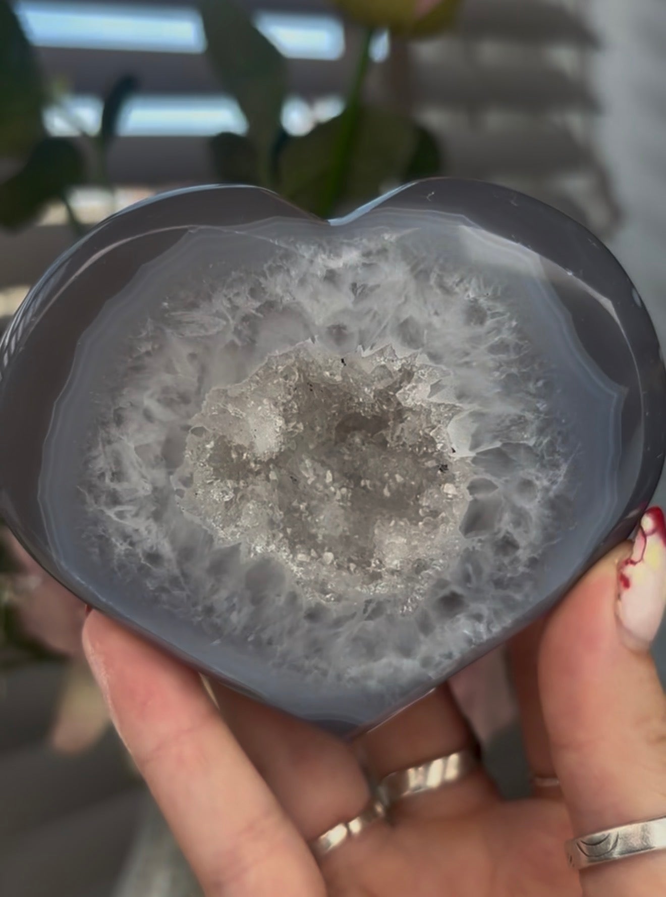 Beautiful, blue agate heart with druzy - stand included