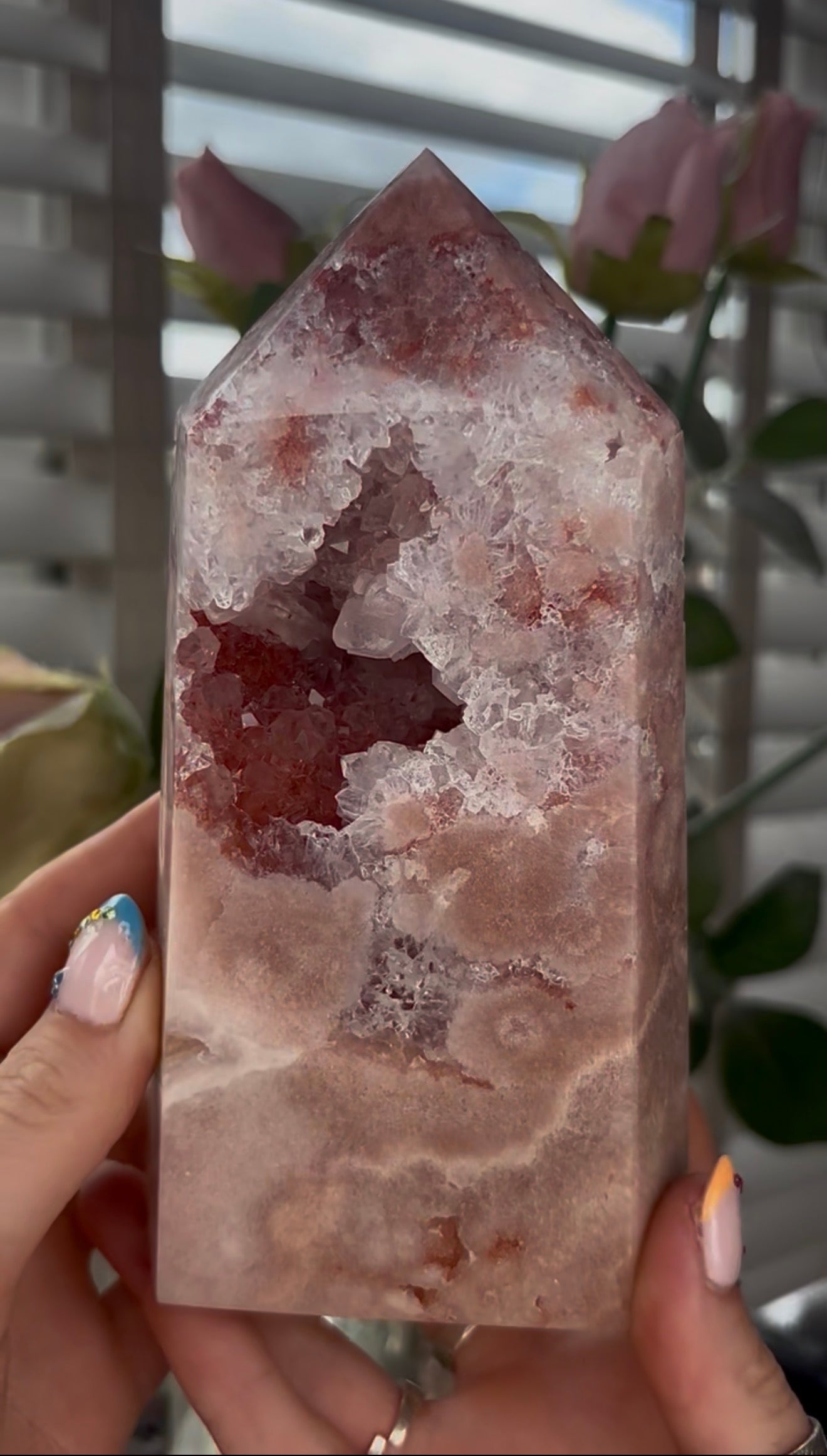 Pretty, large, high quality, Pink amethyst tower in a peach tone with quartz Druze