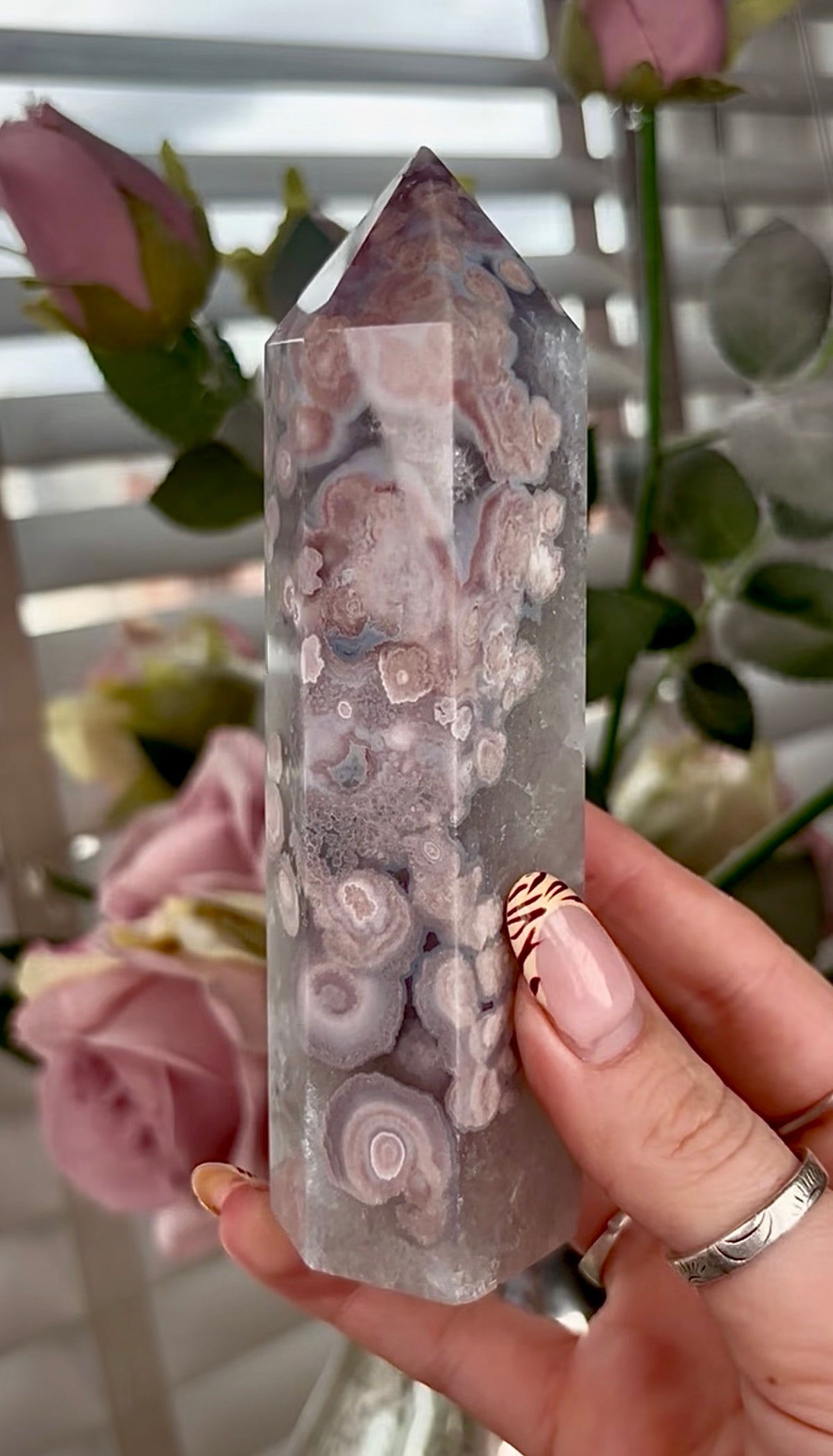 Stunning!! Super high quality, Druzy, green chlorite x blue flower agate tower