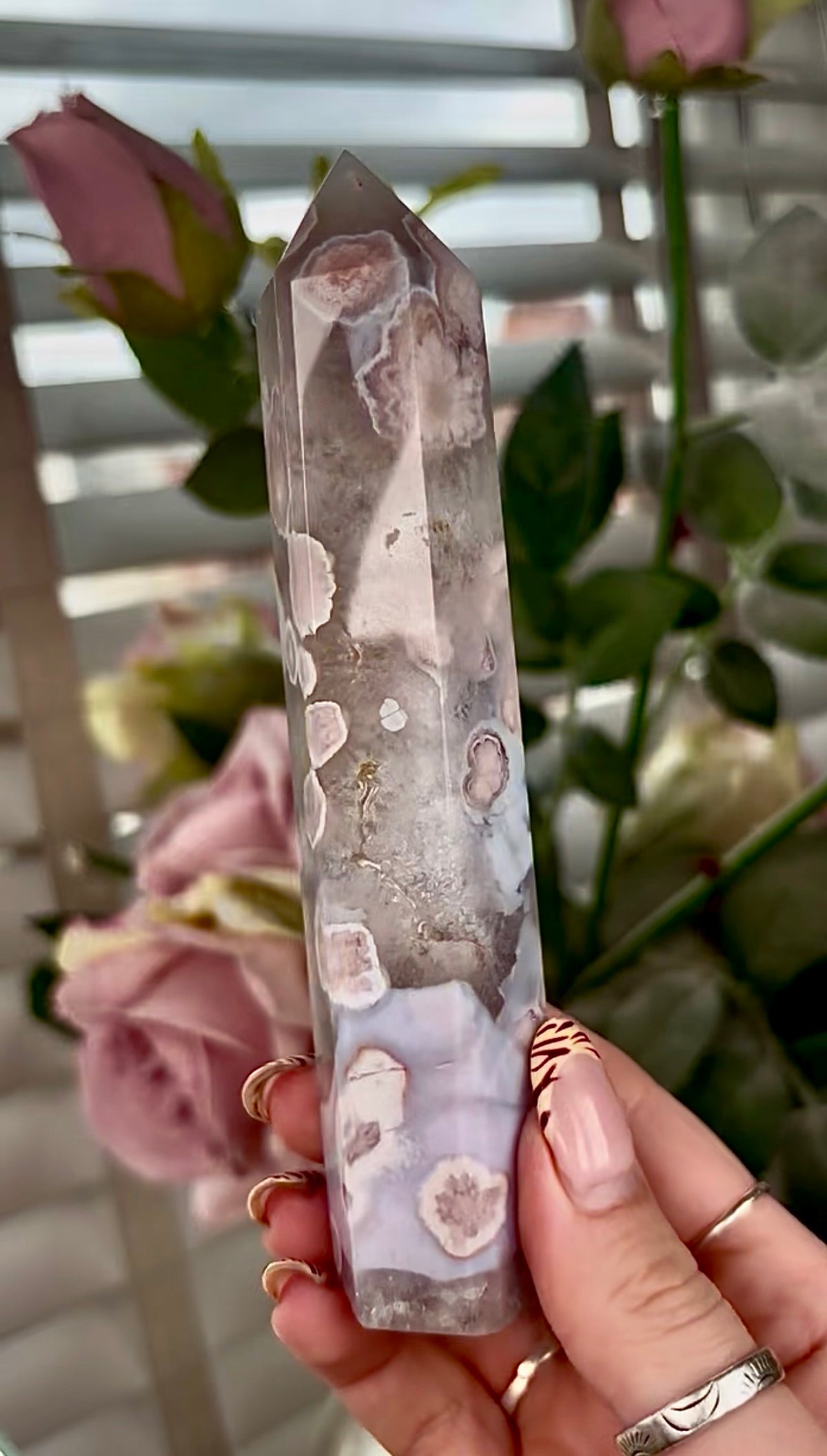 Stunning!! Super high quality, Druzy, green chlorite x blue flower agate tower