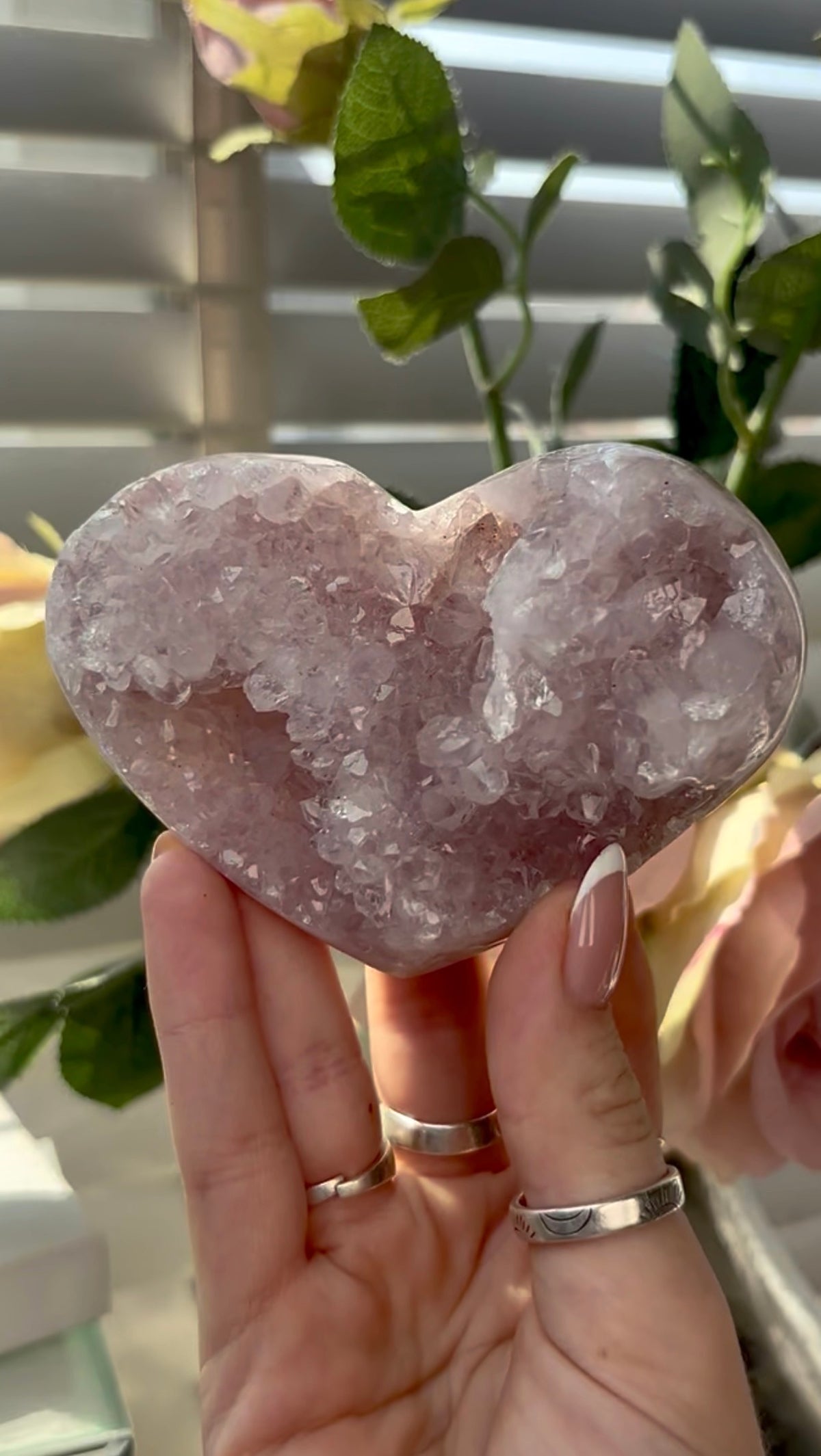 Gorgeous,  druzy pink amethyst heart- comes with stand
