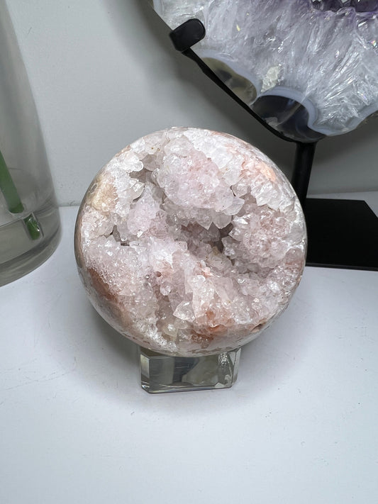 Amethyst x bright pink flower agate “open mouthed druzy” sphere 395g 7cm