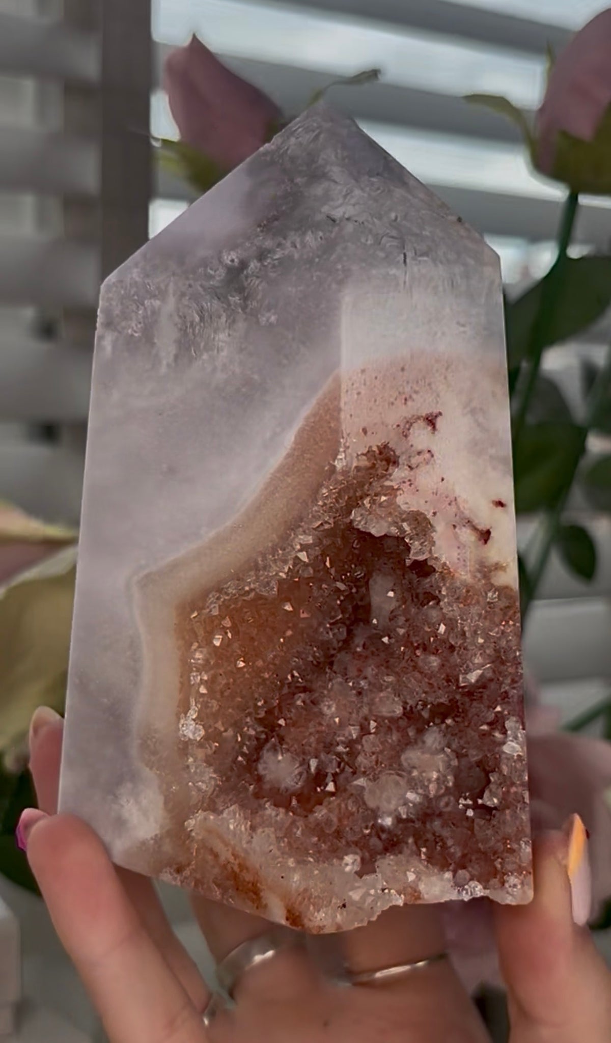 Large, High quality, Pink amethyst tower, with orange druzy