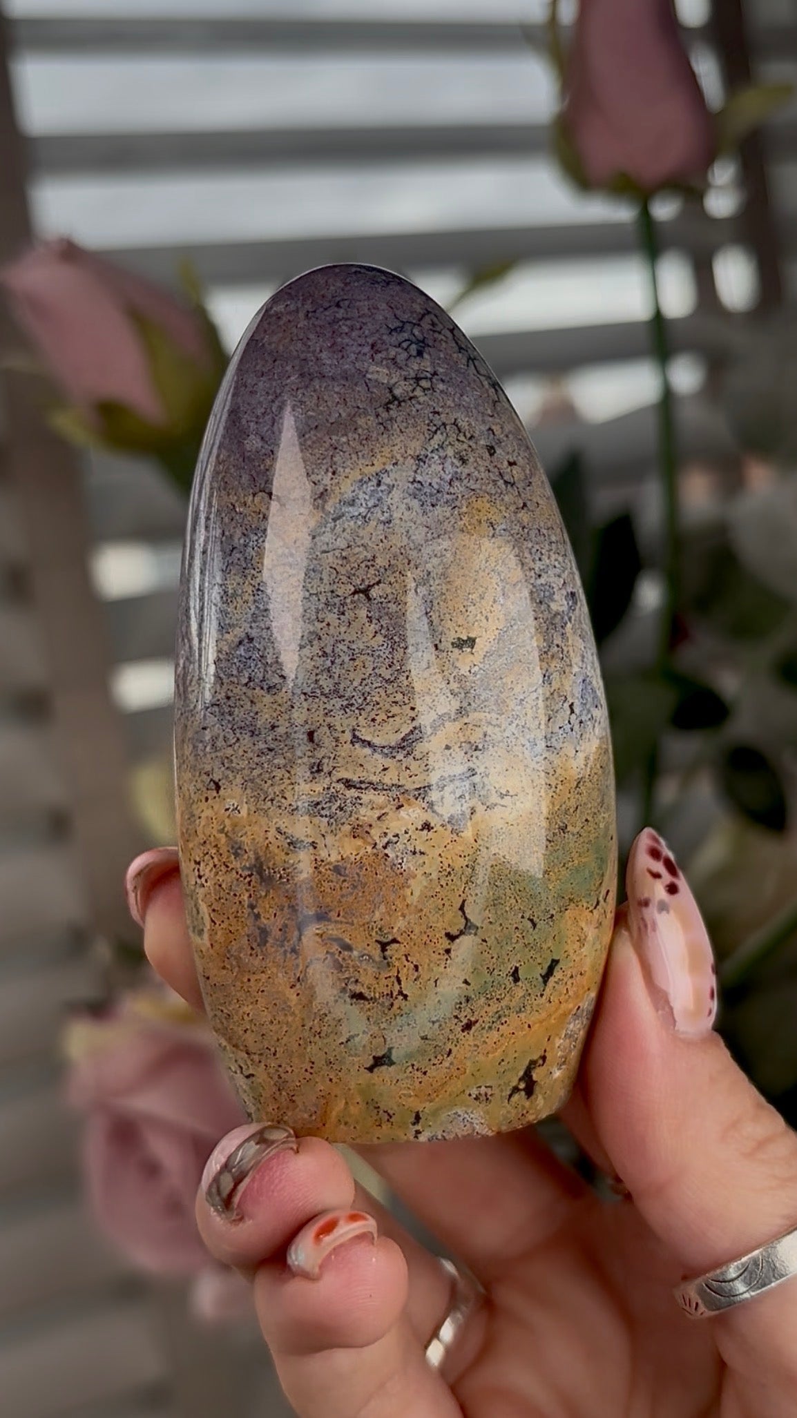 High quality, pastel pink/purple & mustard ocean jasper Freeform - 9cm (h)