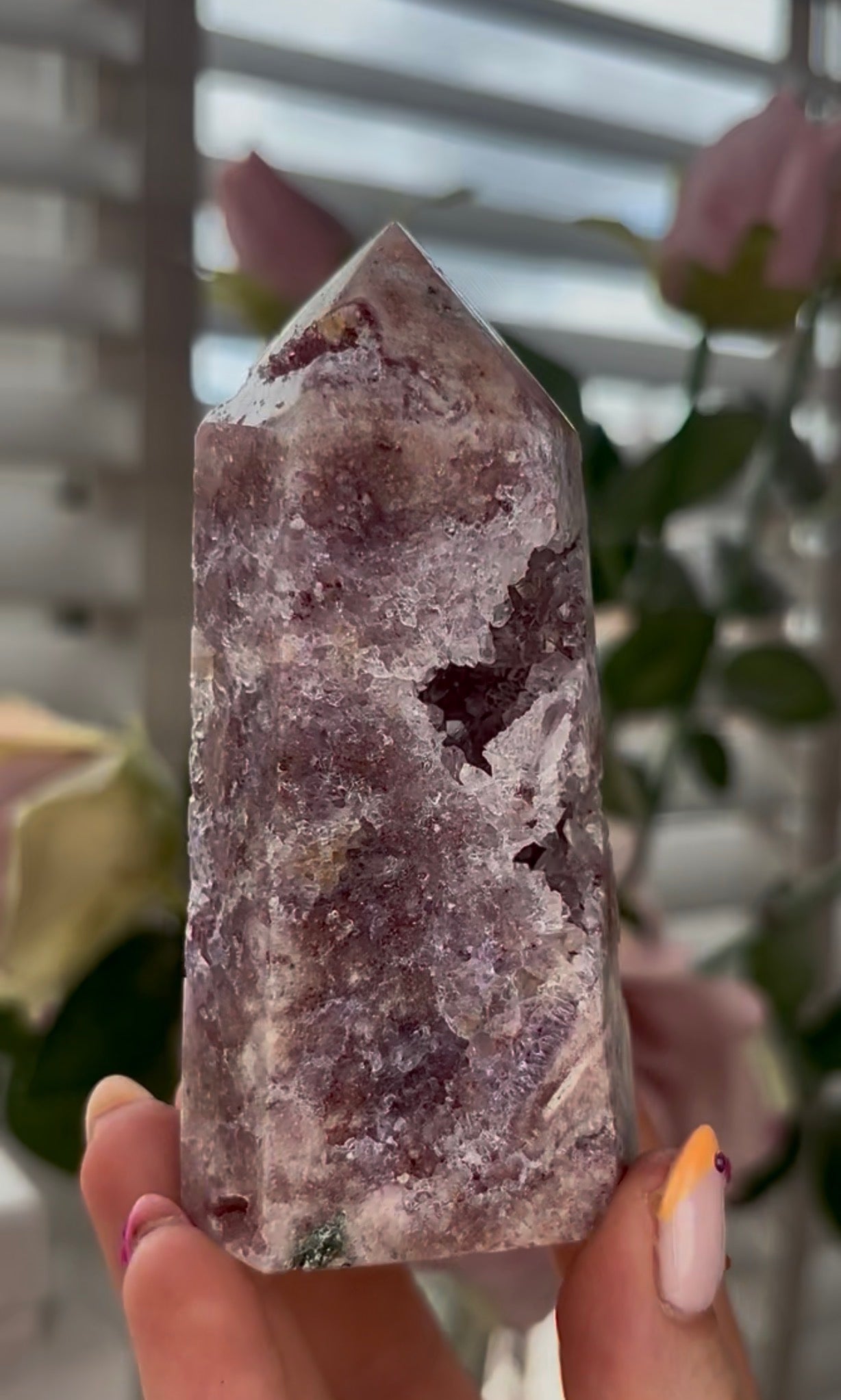 Pretty, Pink amethyst tower with Druzy & green Jasper