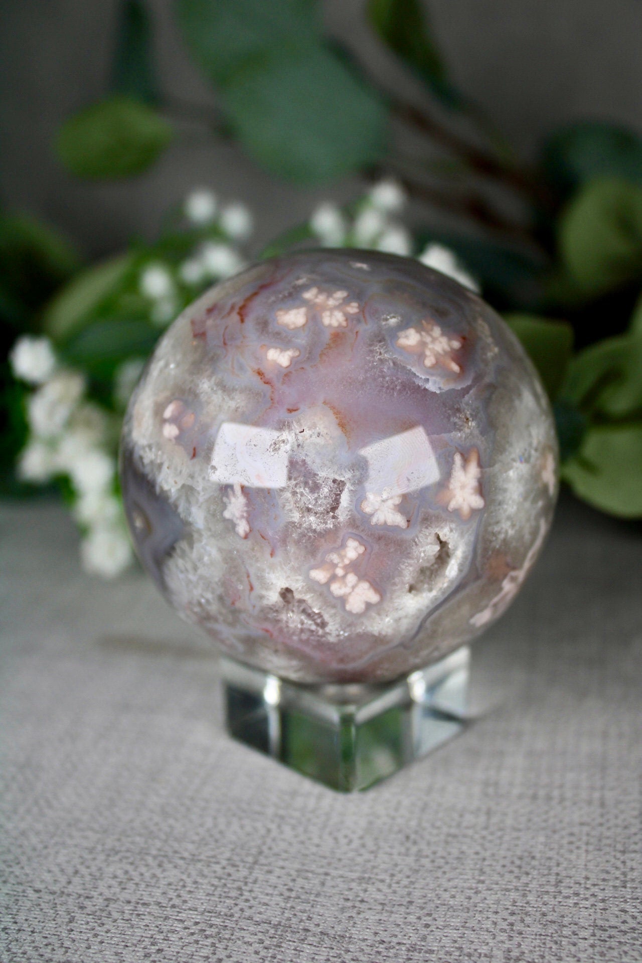 High quality, chlorite x flower agate sphere 535G 7CM