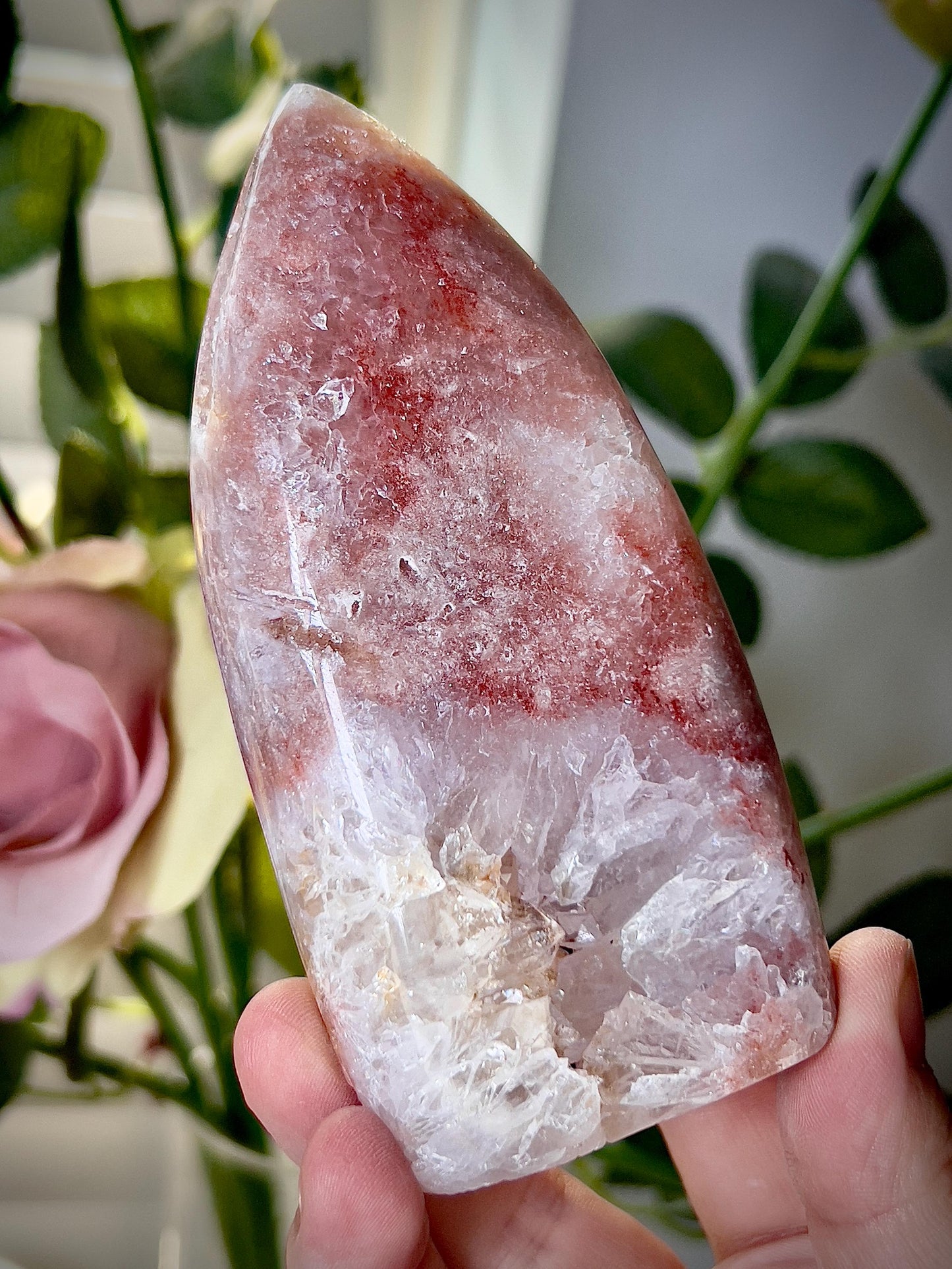 High grade, pink amethyst flame with a red tone and quartz druzy