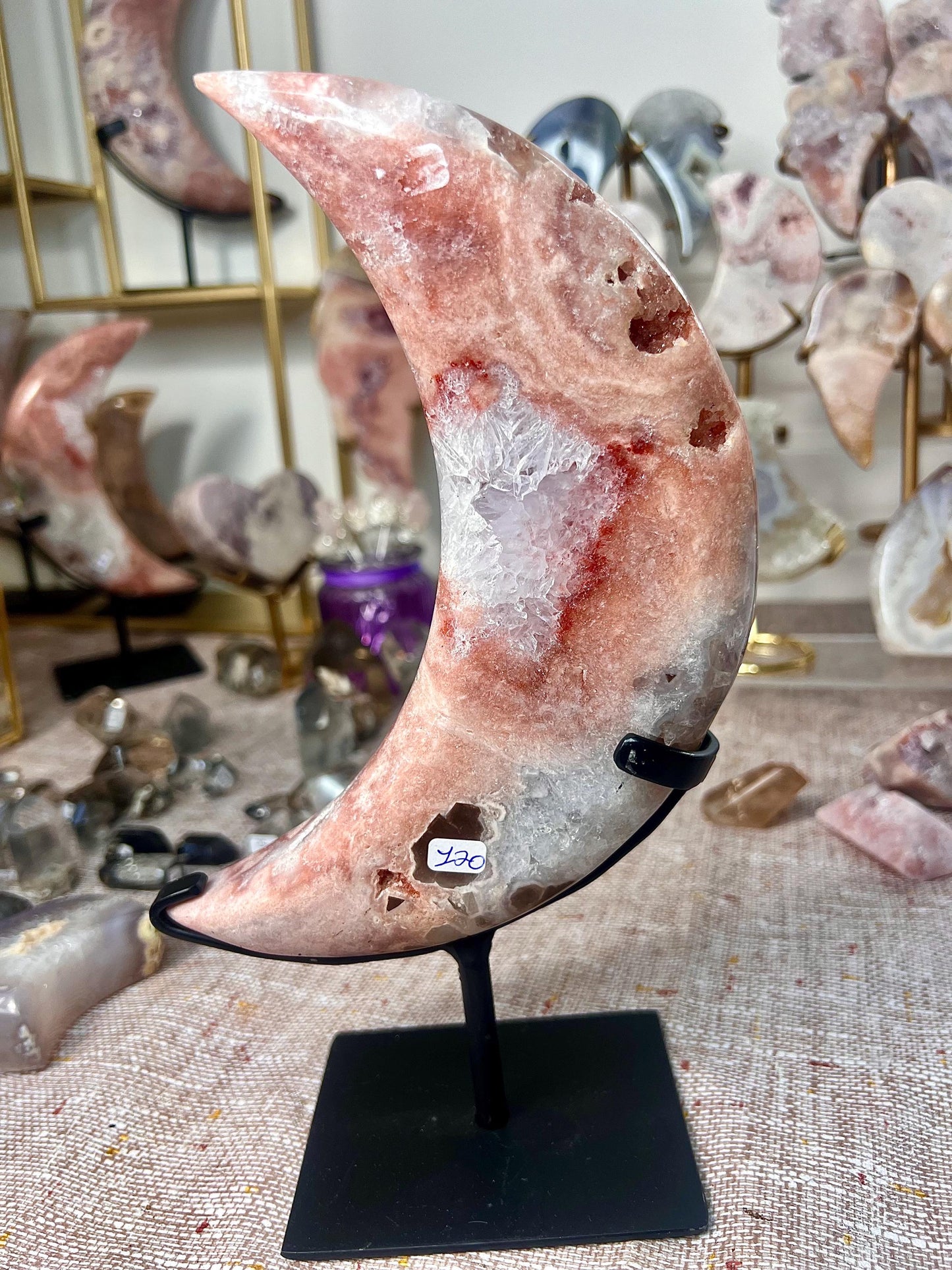 High grade, pink amethyst moon in pink, peach, red, & baby blue tones with gorgeous quartz