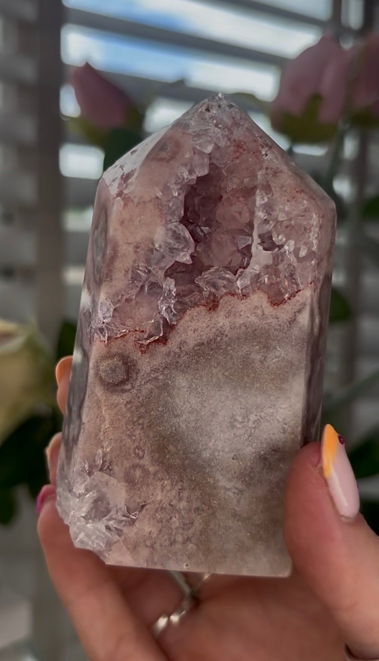 Beautiful, Pink amethyst tower with quartz druzy