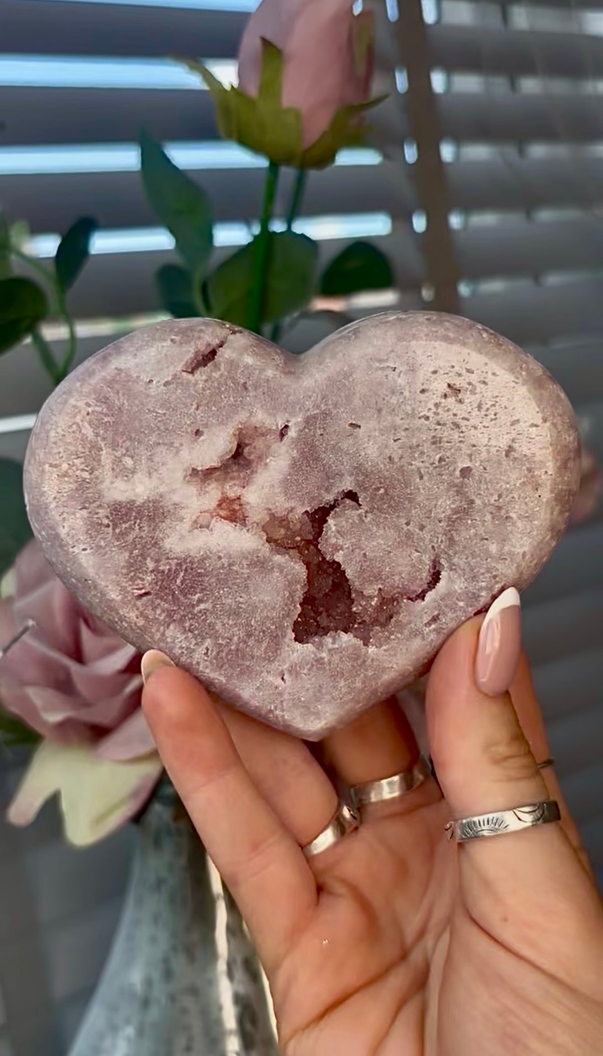 Gorgeous, pink amethyst heart - comes with stand