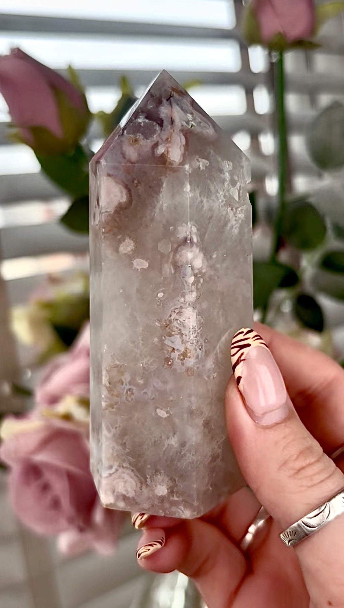 Stunning!! Super high quality, Druzy, green chlorite x blue flower agate tower