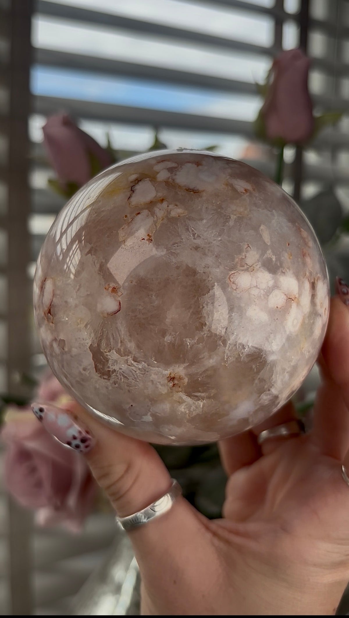 High grade, amethyst Flower agate sphere with high clarity quartz 8.5cm