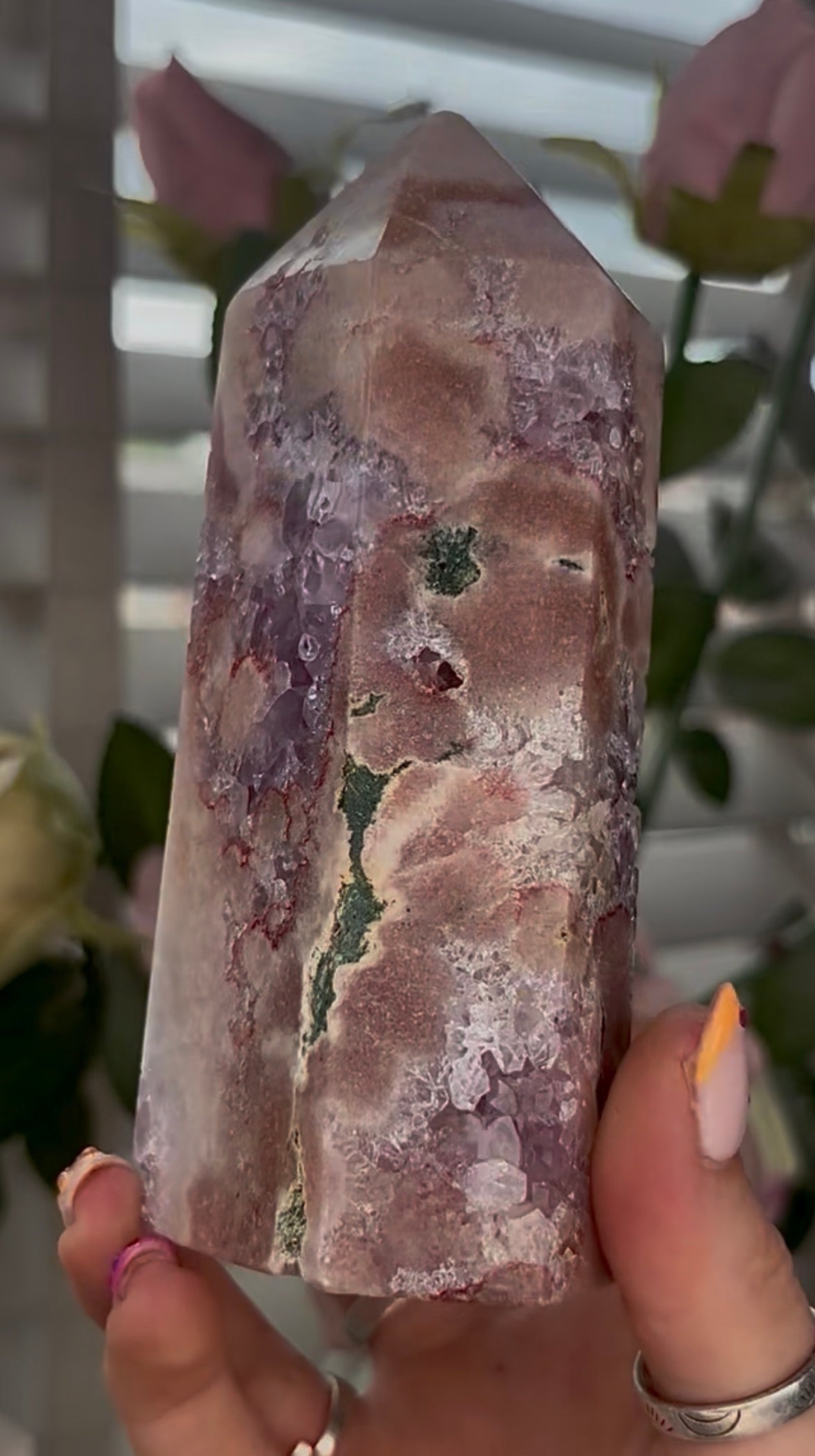 Pretty, Pink amethyst tower, with purple quartz druzy