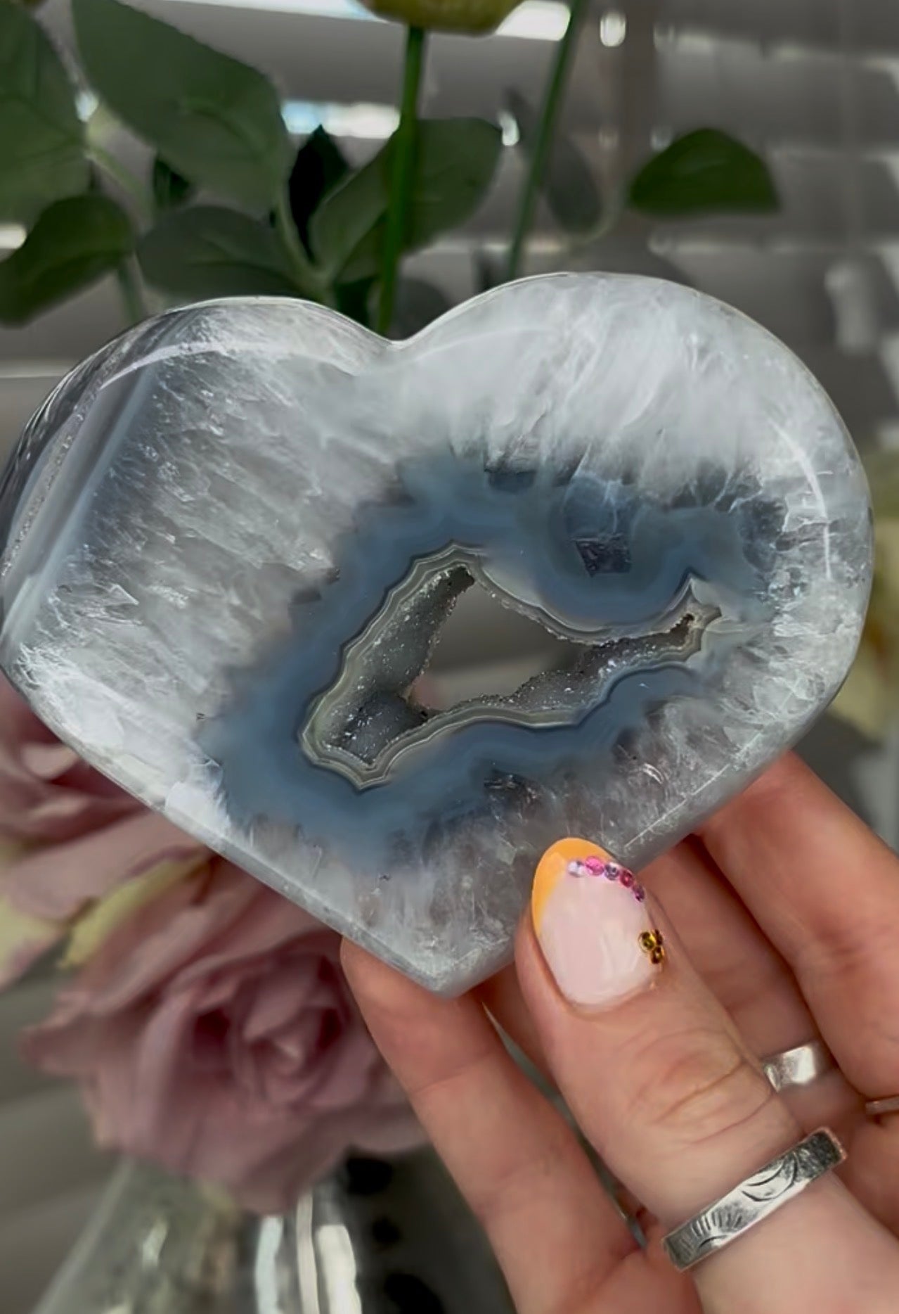 Beautiful, high quality, blue banded agate heart with druzy - stand included
