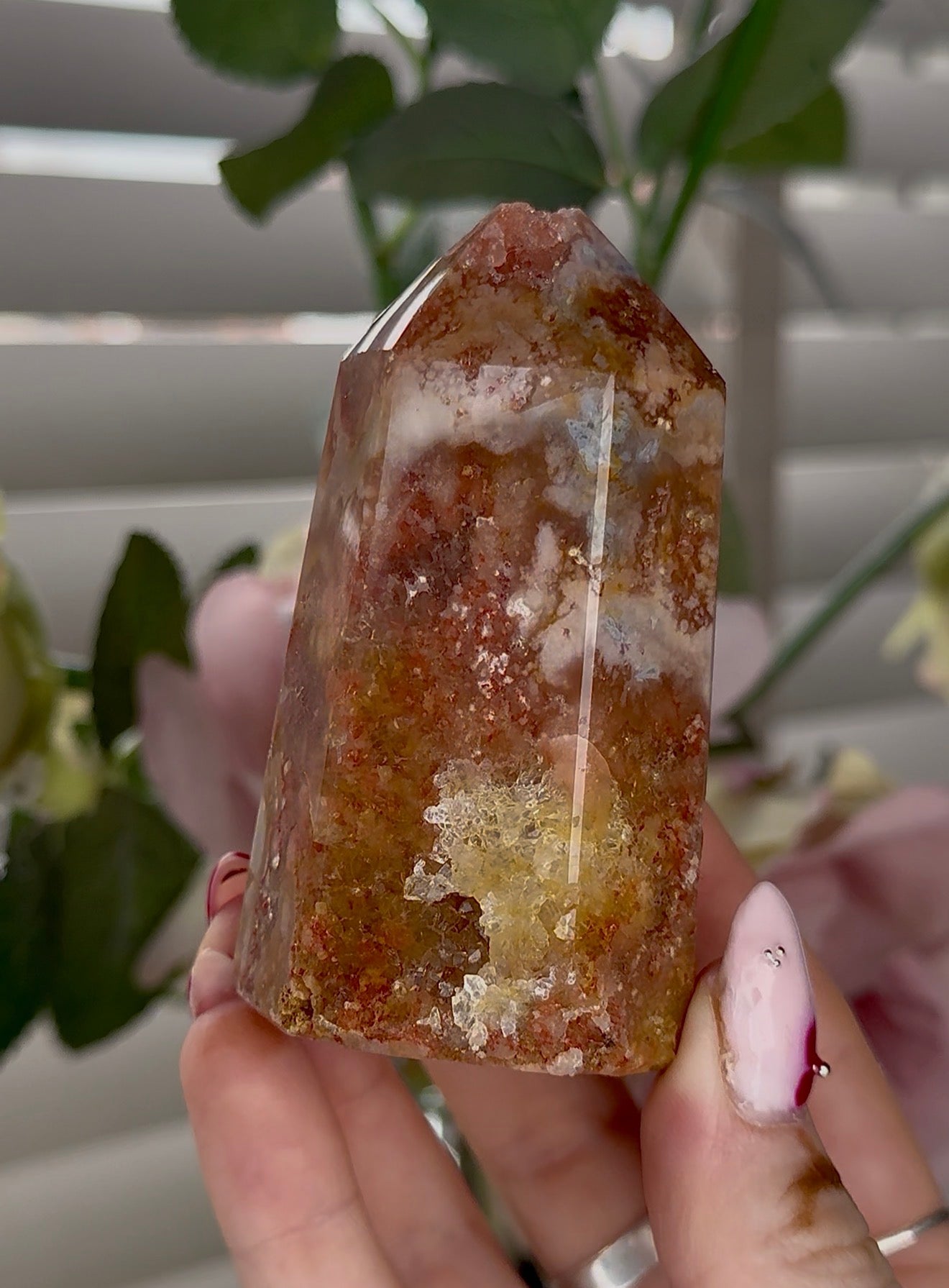 Pink amethyst tower with with agate & golden healer inclusions 8cm by 4.5cm