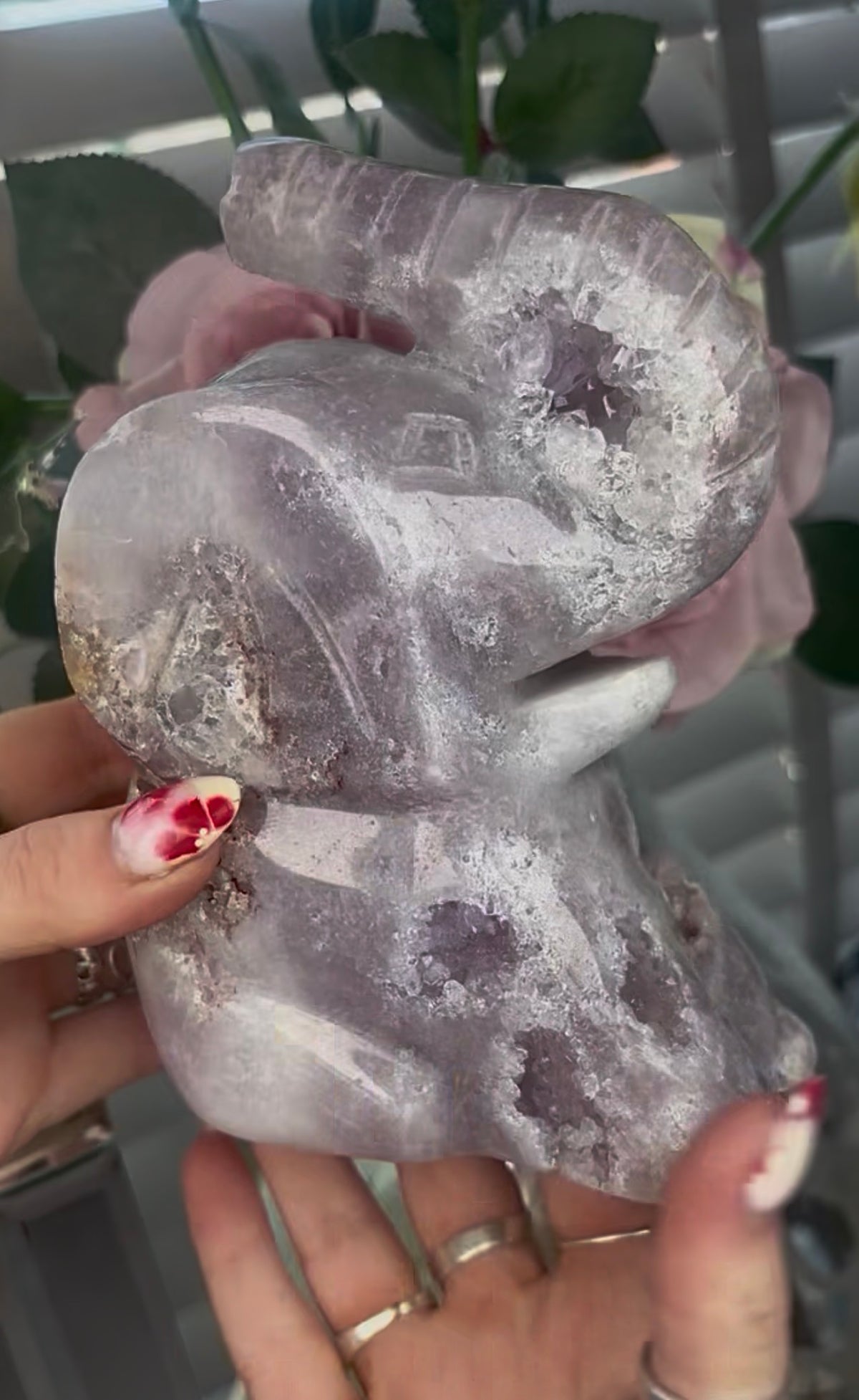 High grade, pink amethyst elephant carving with chunky druzy