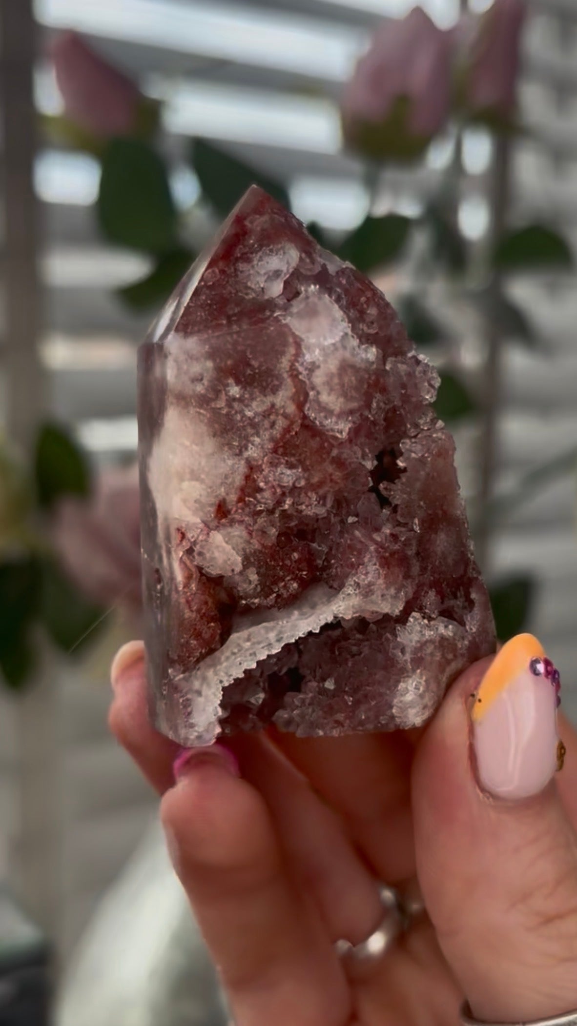 Small, High quality, Pink amethyst tower, with druzy