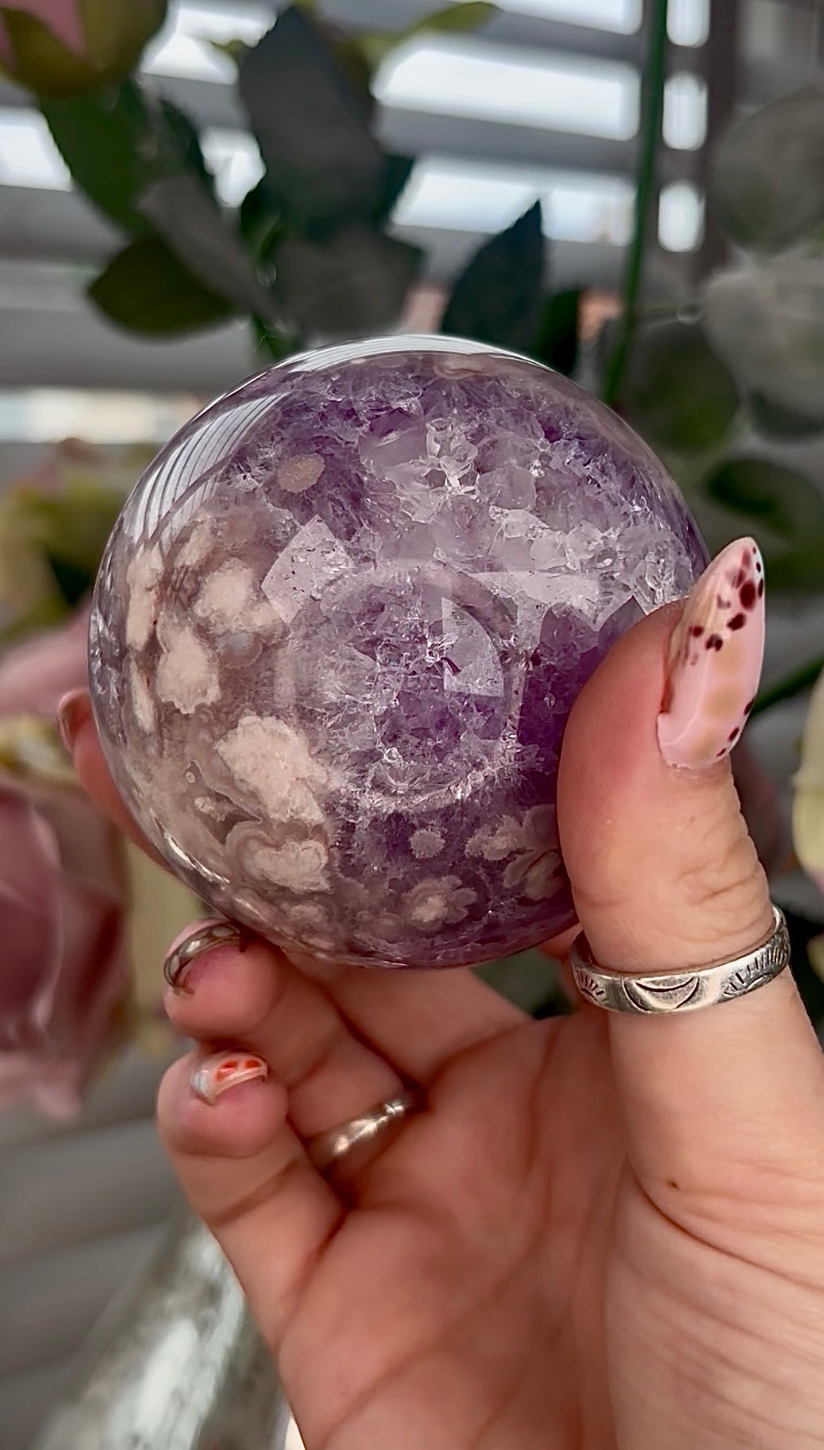 High grade, Amethyst Flower agate sphere 7.5cm 585g