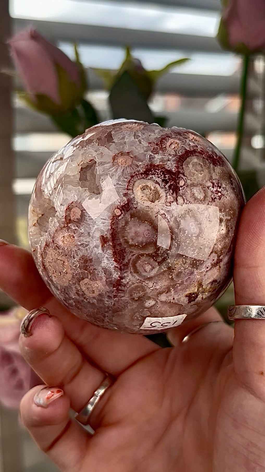 High grade, amethyst Flower agate sphere with high clarity quartz
