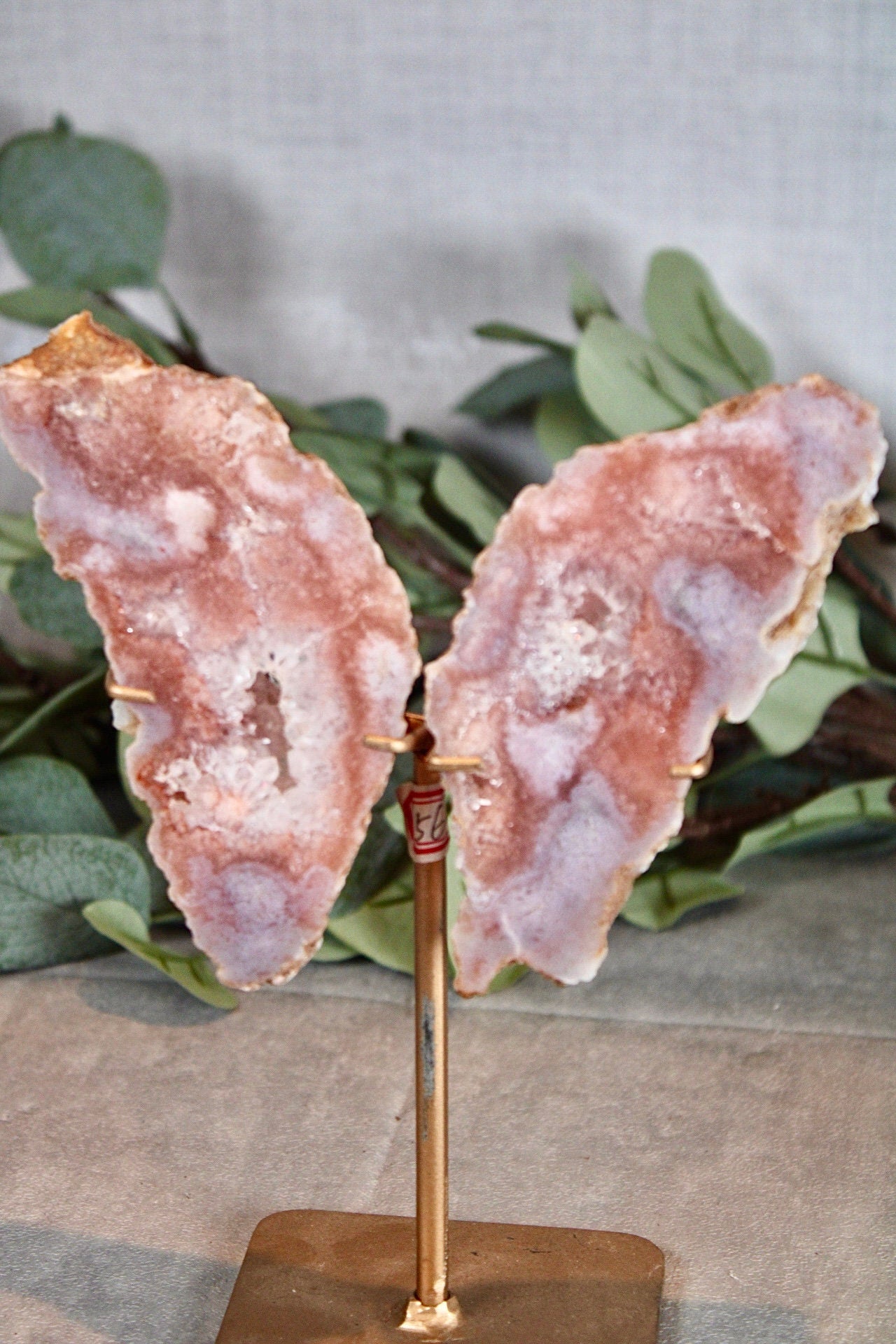 Pink amethyst x flower agate slab butterfly wings on stand