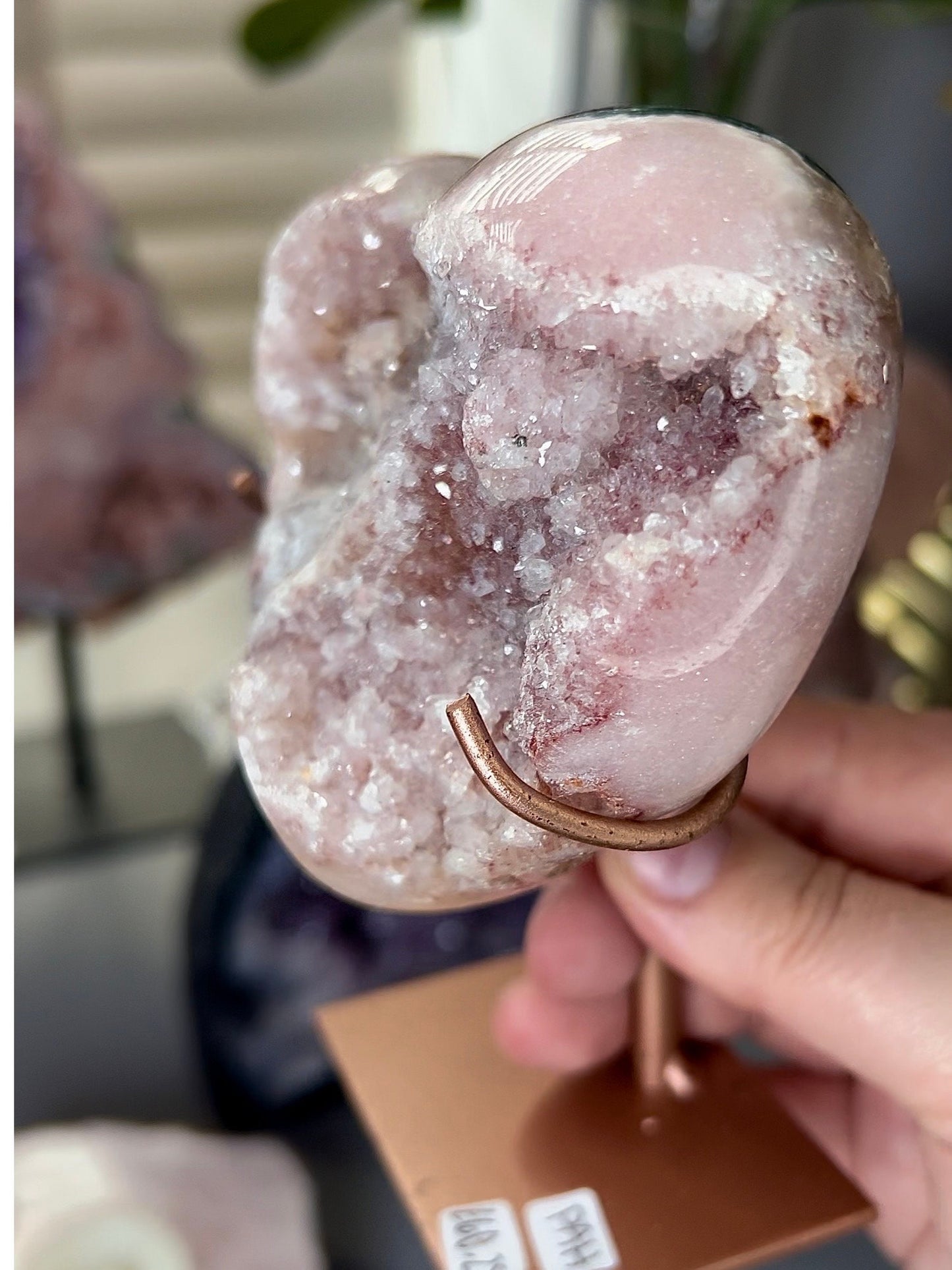 pink amethyst with red druzy and green jasper on a custom stand