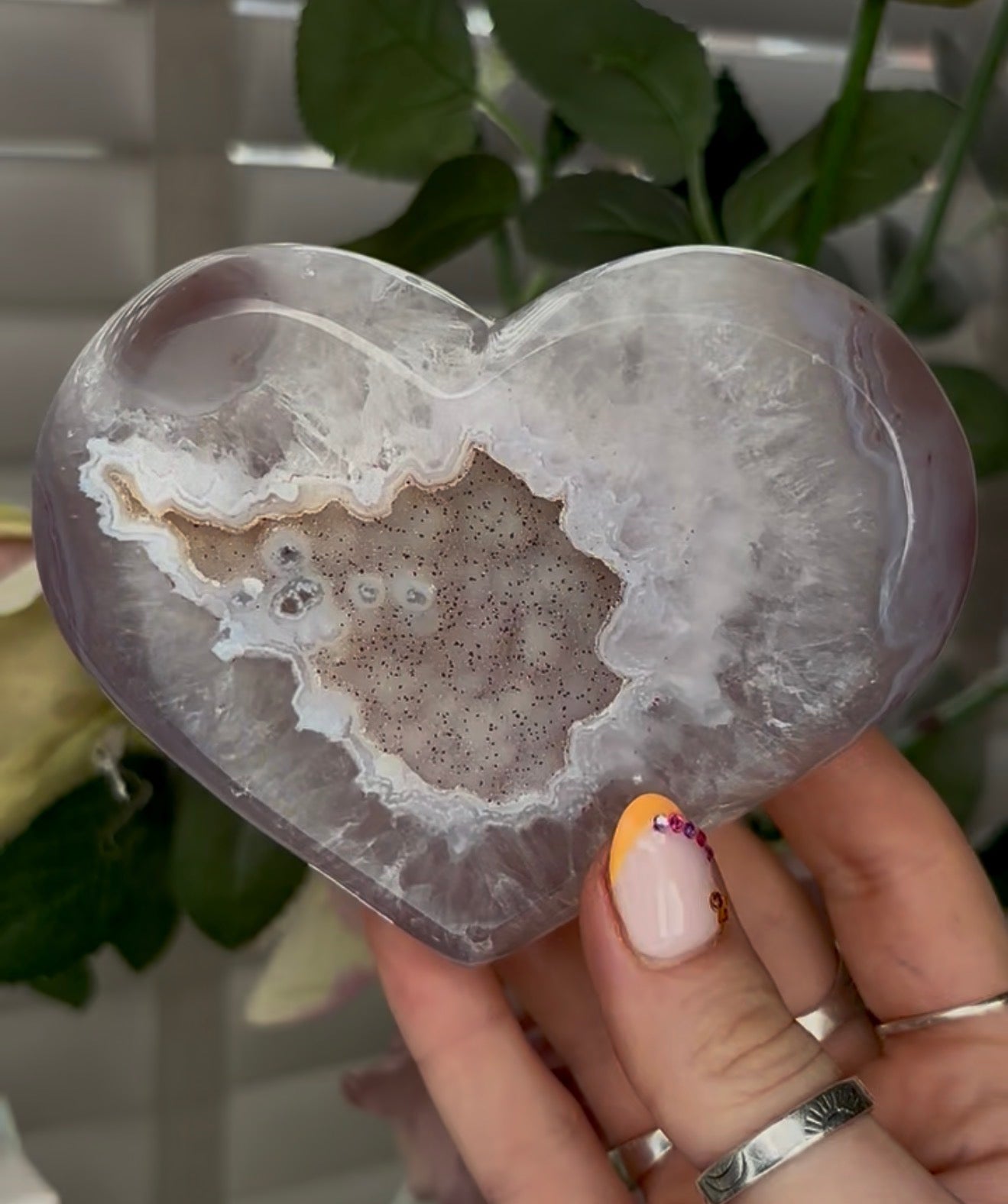 Beautiful, high grade, agate heart with druzy - comes with stand